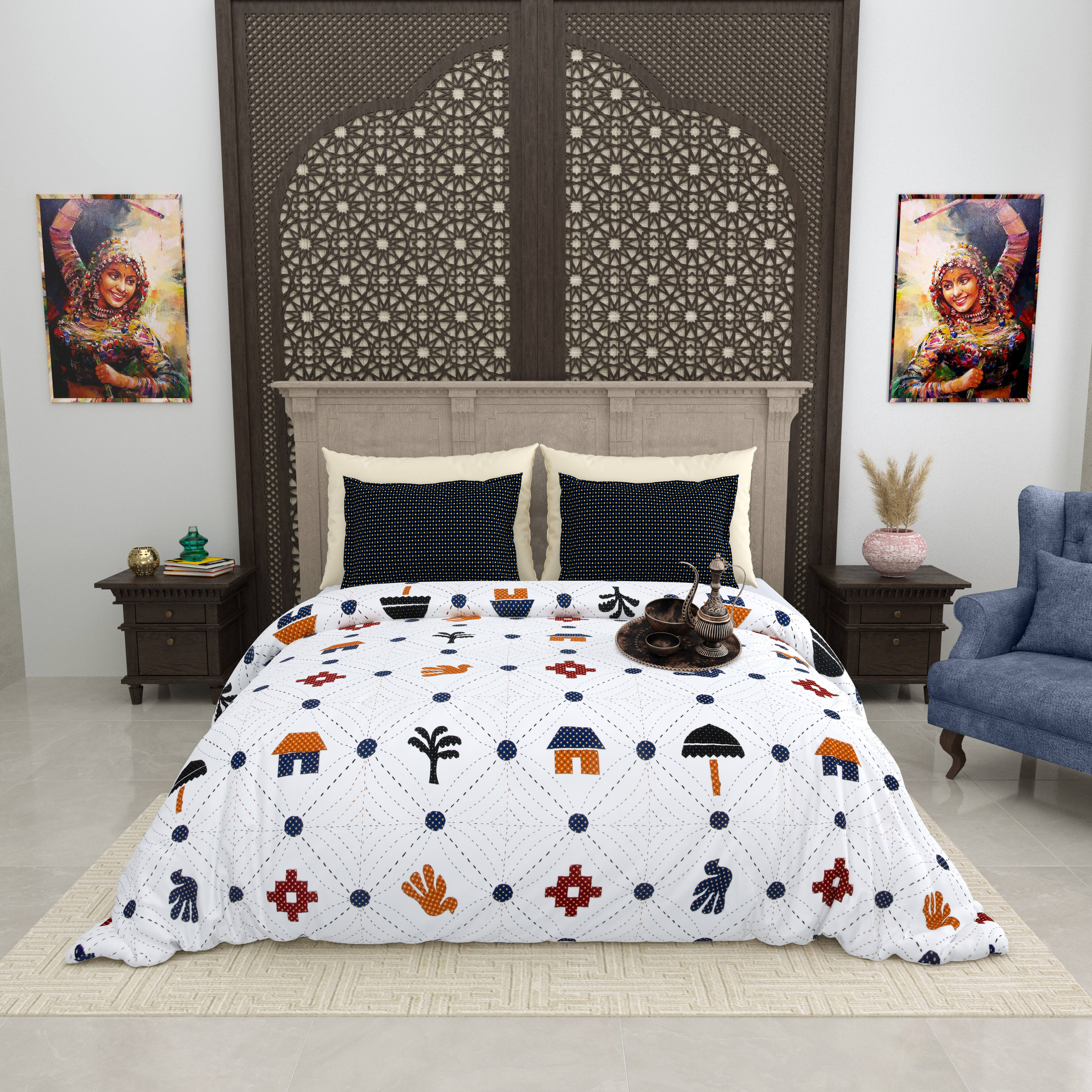 LIVING ROOTS Jaipuri Hand Block Print Super King Cotton Bedsheet 104*104 inches (8.6*8.6 feet) With 2 Pillow Cover | 240 TC | Rich Fast Colour With No Colour Bleeding | (512-A) (Multi)