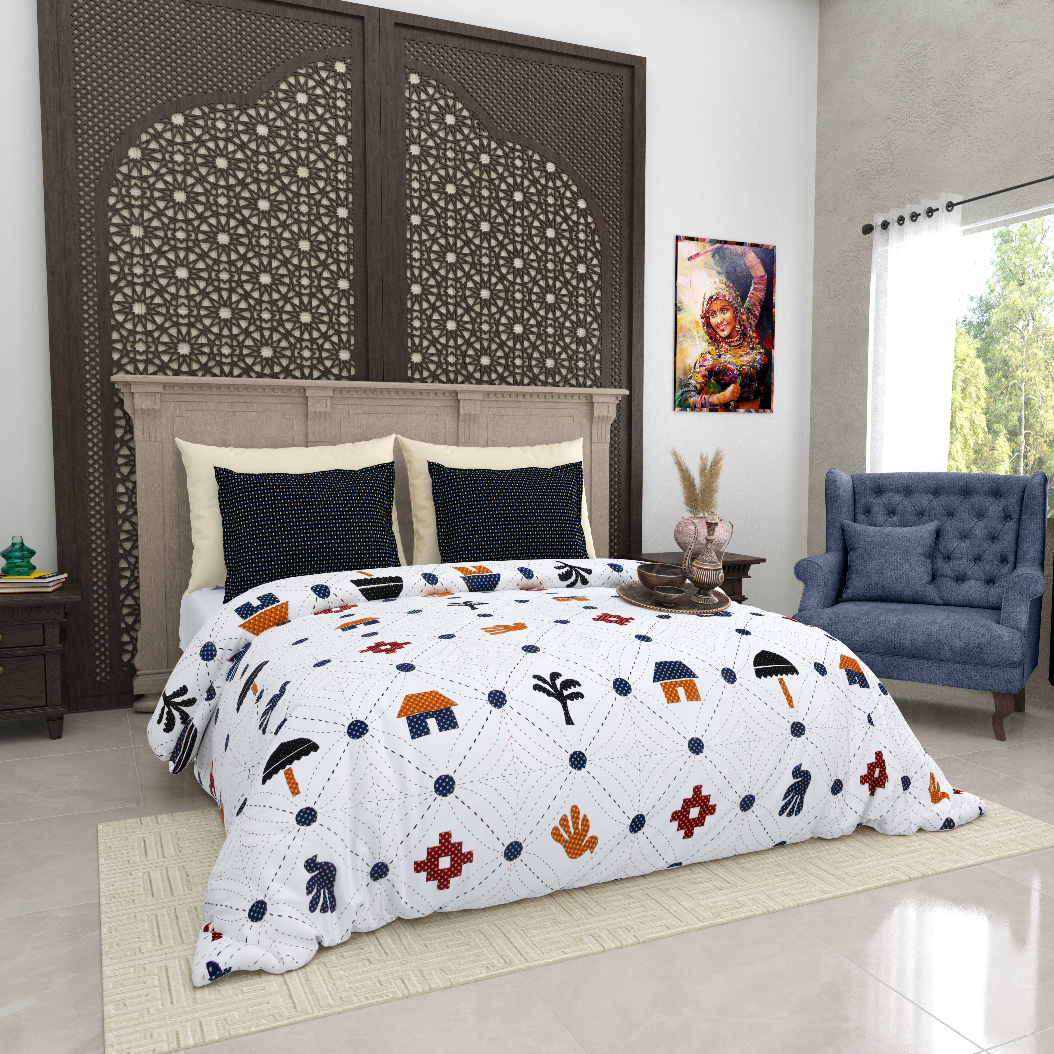 LIVING ROOTS Jaipuri Hand Block Print Super King Cotton Bedsheet 104*104 inches (8.6*8.6 feet) With 2 Pillow Cover | 240 TC | Rich Fast Colour With No Colour Bleeding | (512-A) (Multi)