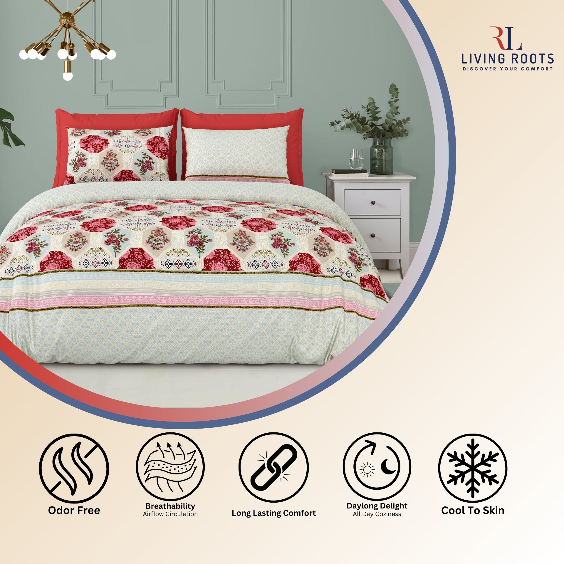 LIVING ROOTS Jaipuri Hand Block Print Super King Cotton Bedsheet 104*104 inches (8.6*8.6 feet) With 2 Pillow Cover | 240 TC | Rich Fast Colour With No Colour Bleeding | (519-B) (Red)
