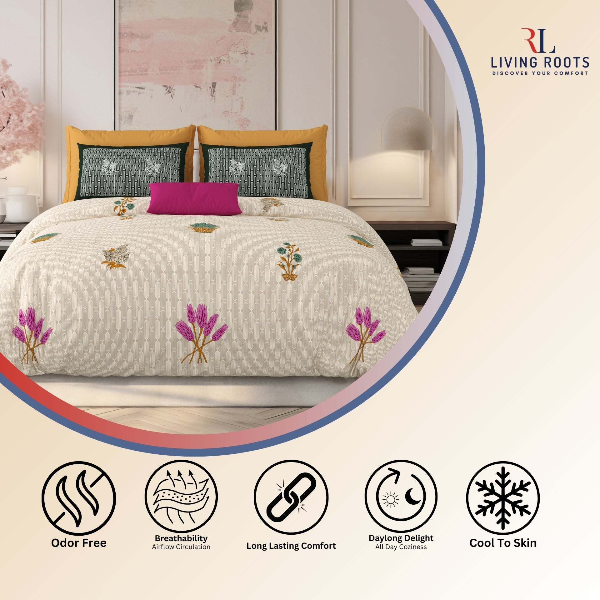 LIVING ROOTS Jaipuri Hand Block Print Super King Cotton Bedsheet 104*104 inches (8.6*8.6 feet) With 2 Pillow Cover | 240 TC | Rich Fast Colour With No Colour Bleeding | (521-A) (Brown)