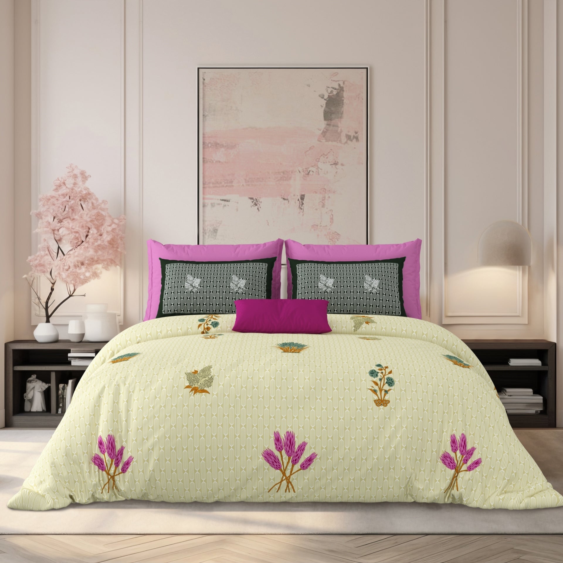 LIVING ROOTS Jaipuri Hand Block Print Super King Cotton Bedsheet 104*104 inches (8.6*8.6 feet) With 2 Pillow Cover | 240 TC | Rich Fast Colour With No Colour Bleeding | (521-B) (Yellow)
