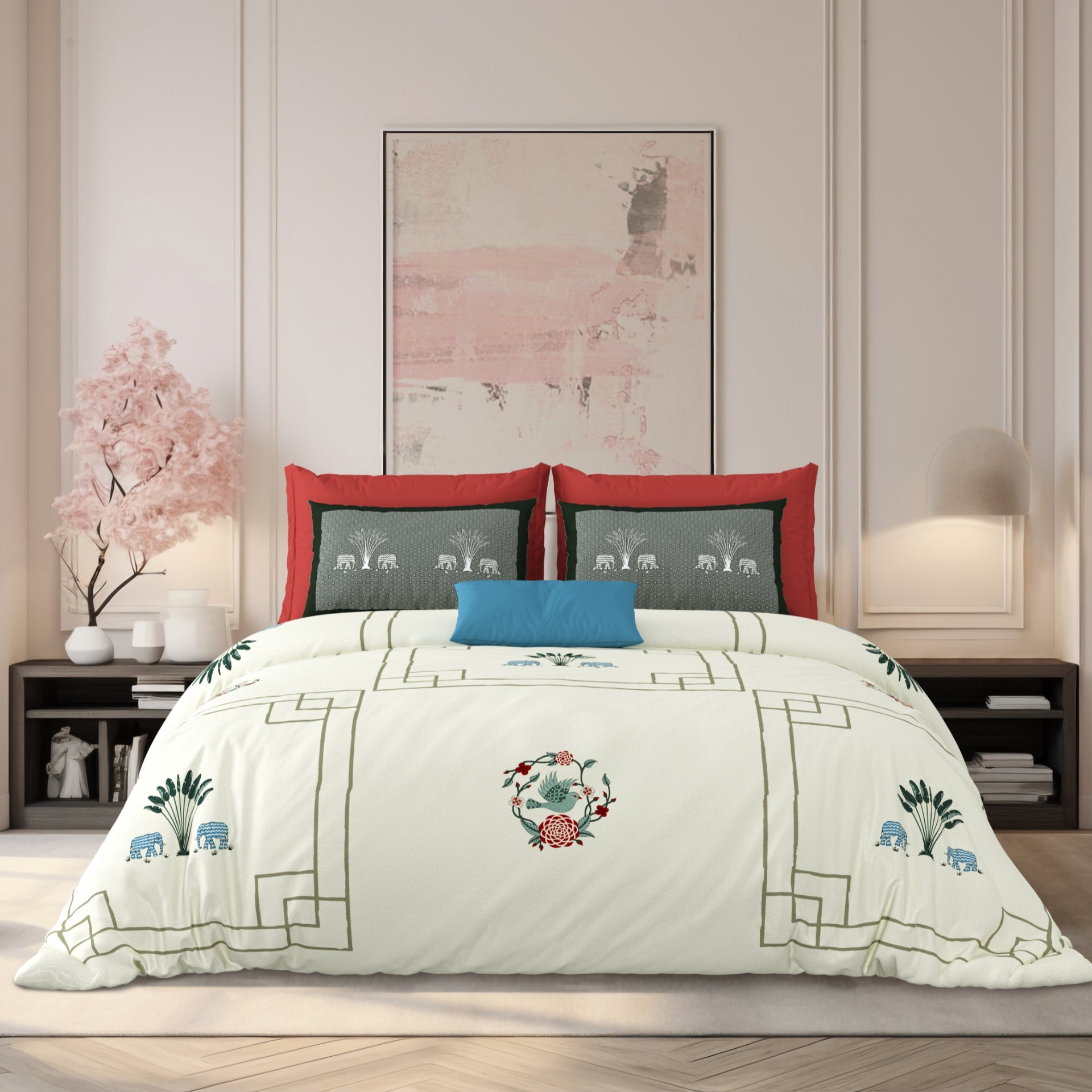 LIVING ROOTS Jaipuri Hand Block Print Super King Cotton Bedsheet 104*104 inches (8.6*8.6 feet) With 2 Pillow Cover | 240 TC | Rich Fast Colour With No Colour Bleeding | (524-C) (Cream)