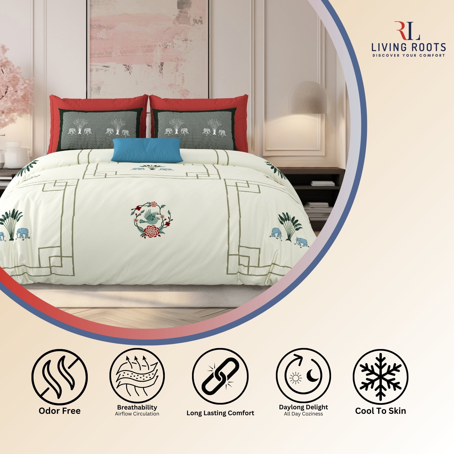 LIVING ROOTS Jaipuri Hand Block Print Super King Cotton Bedsheet 104*104 inches (8.6*8.6 feet) With 2 Pillow Cover | 240 TC | Rich Fast Colour With No Colour Bleeding | (524-C) (Cream)