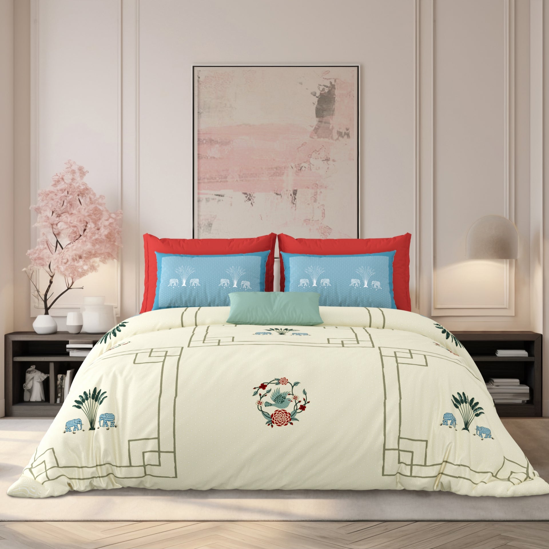 LIVING ROOTS Jaipuri Hand Block Print Super King Cotton Bedsheet 104*104 inches (8.6*8.6 feet) With 2 Pillow Cover | 240 TC | Rich Fast Colour With No Colour Bleeding | (524-D) (Yellow)