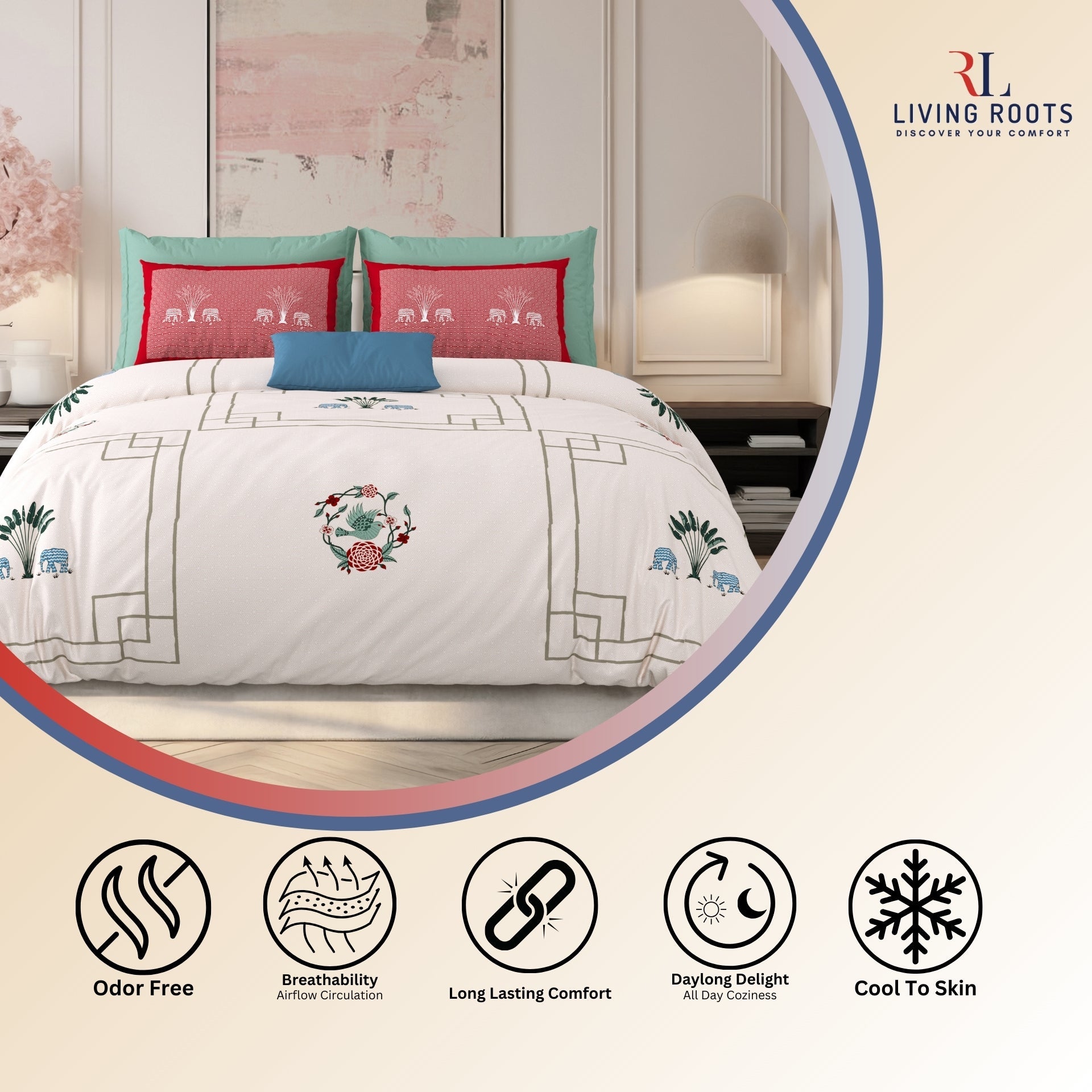 LIVING ROOTS Jaipuri Hand Block Print Super King Cotton Bedsheet 104*104 inches (8.6*8.6 feet) With 2 Pillow Cover | 240 TC | Rich Fast Colour With No Colour Bleeding | (524-E) (Pink)