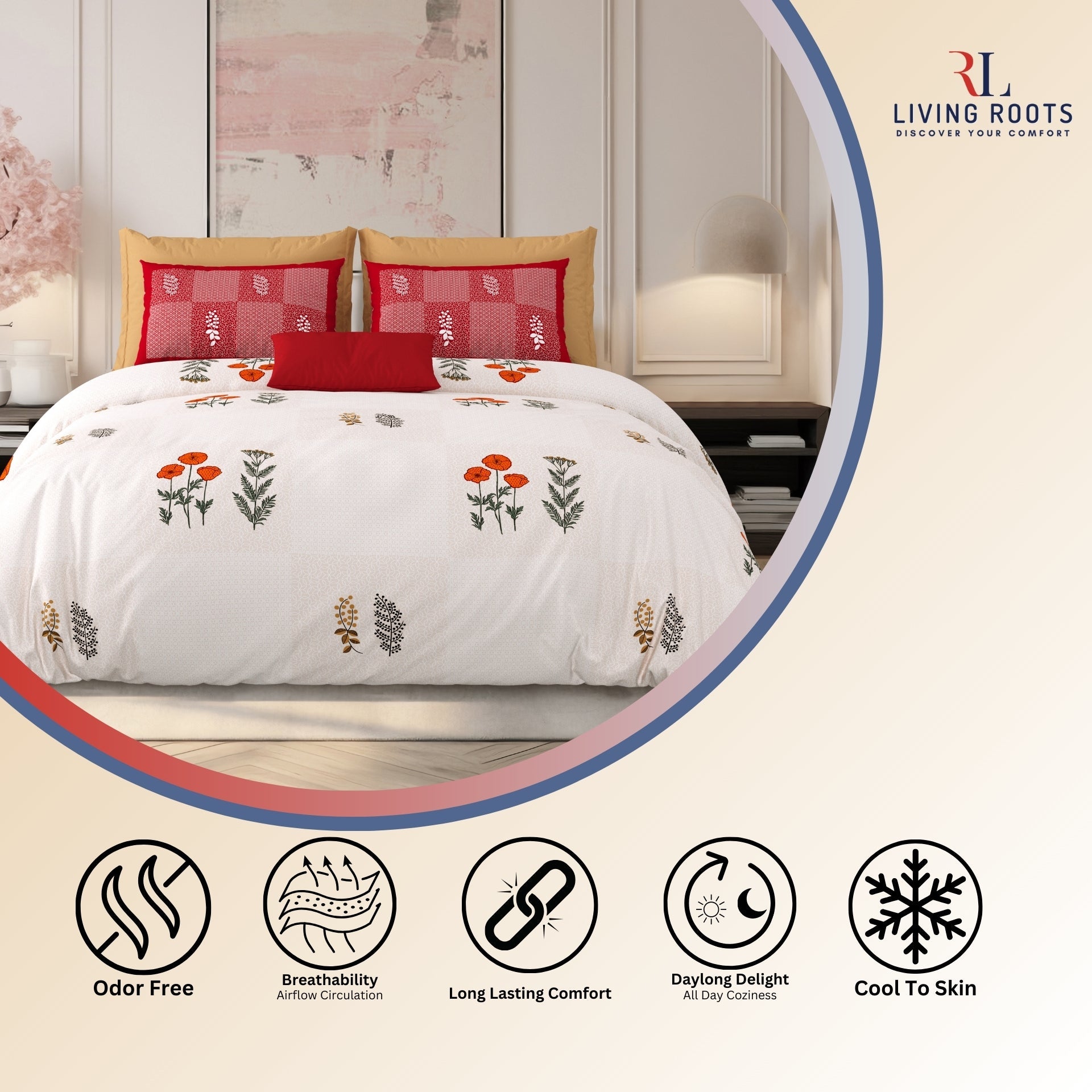 LIVING ROOTS Jaipuri Hand Block Print Super King Cotton Bedsheet 104*104 inches (8.6*8.6 feet) With 2 Pillow Cover | 240 TC | Rich Fast Colour With No Colour Bleeding | (525-D) (Pink)