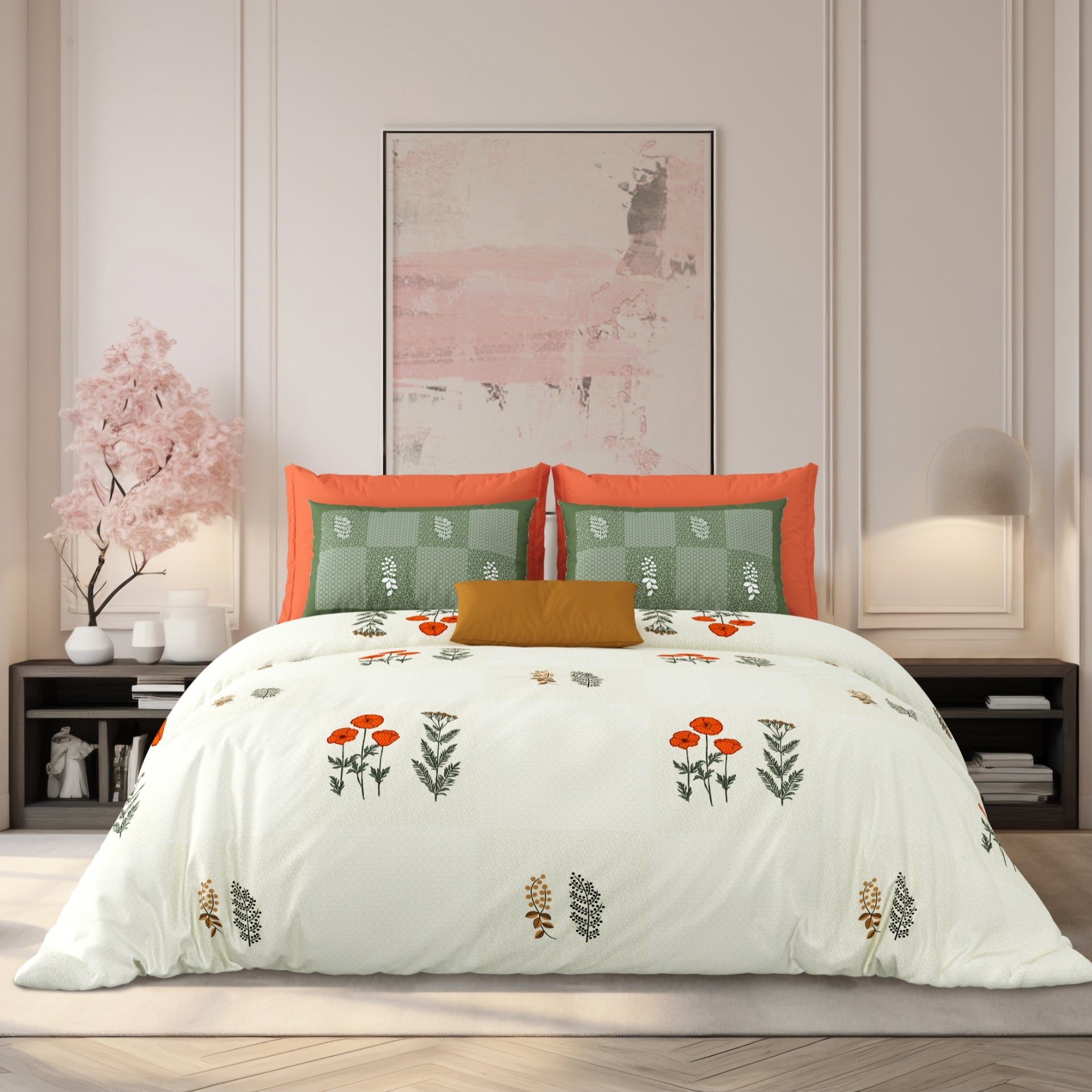 LIVING ROOTS Jaipuri Hand Block Print Super King Cotton Bedsheet 104*104 inches (8.6*8.6 feet) With 2 Pillow Cover | 240 TC | Rich Fast Colour With No Colour Bleeding | (525-E) (Cream)