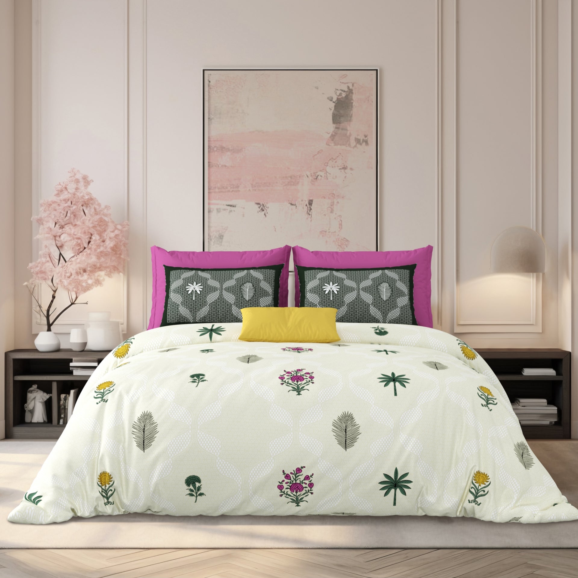 LIVING ROOTS Jaipuri Hand Block Print Super King Cotton Bedsheet 104*104 inches (8.6*8.6 feet) With 2 Pillow Cover | 240 TC | Rich Fast Colour With No Colour Bleeding | (526-A) (Cream)