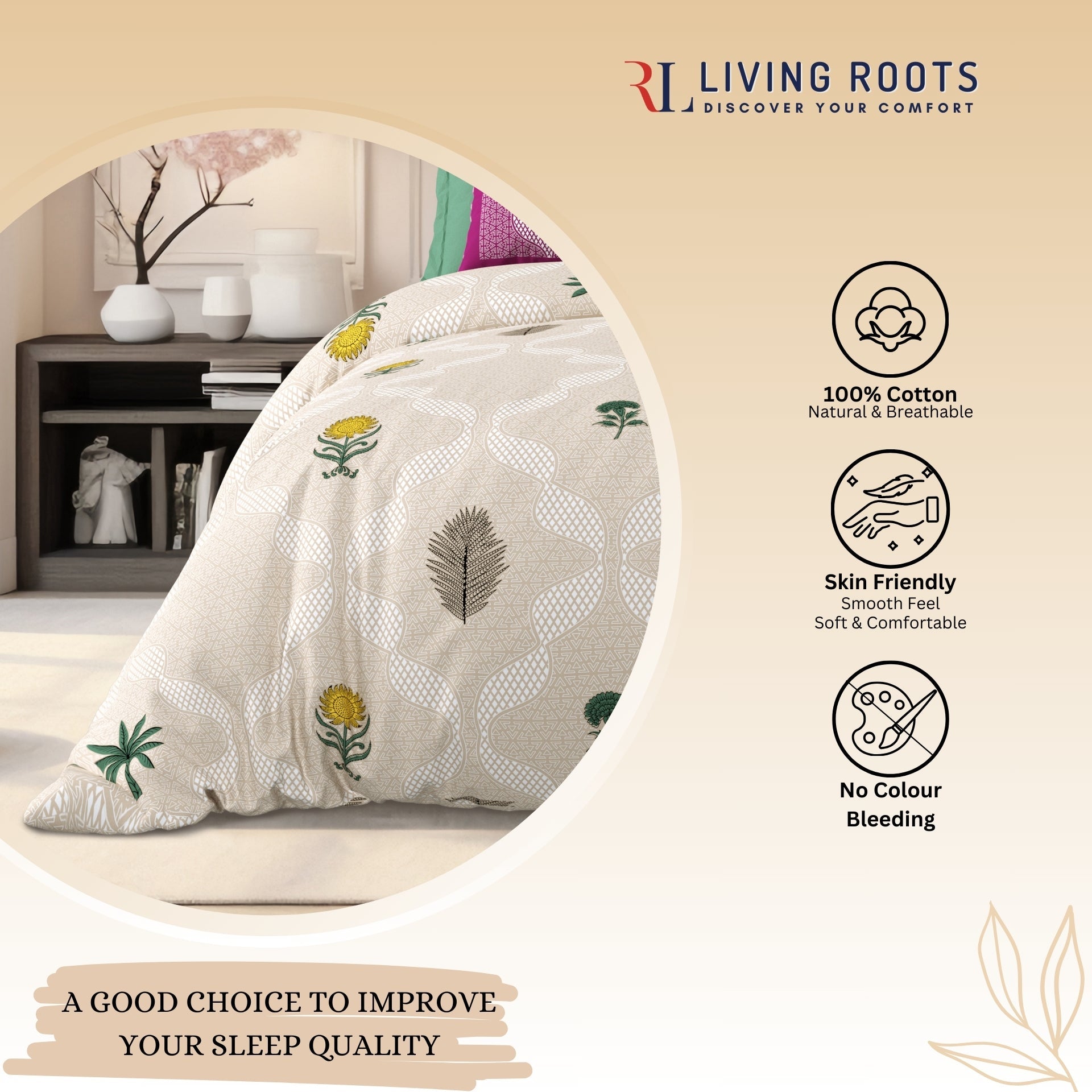 LIVING ROOTS Jaipuri Hand Block Print Super King Cotton Bedsheet 104*104 inches (8.6*8.6 feet) With 2 Pillow Cover | 240 TC | Rich Fast Colour With No Colour Bleeding | (526-C) (Brown)