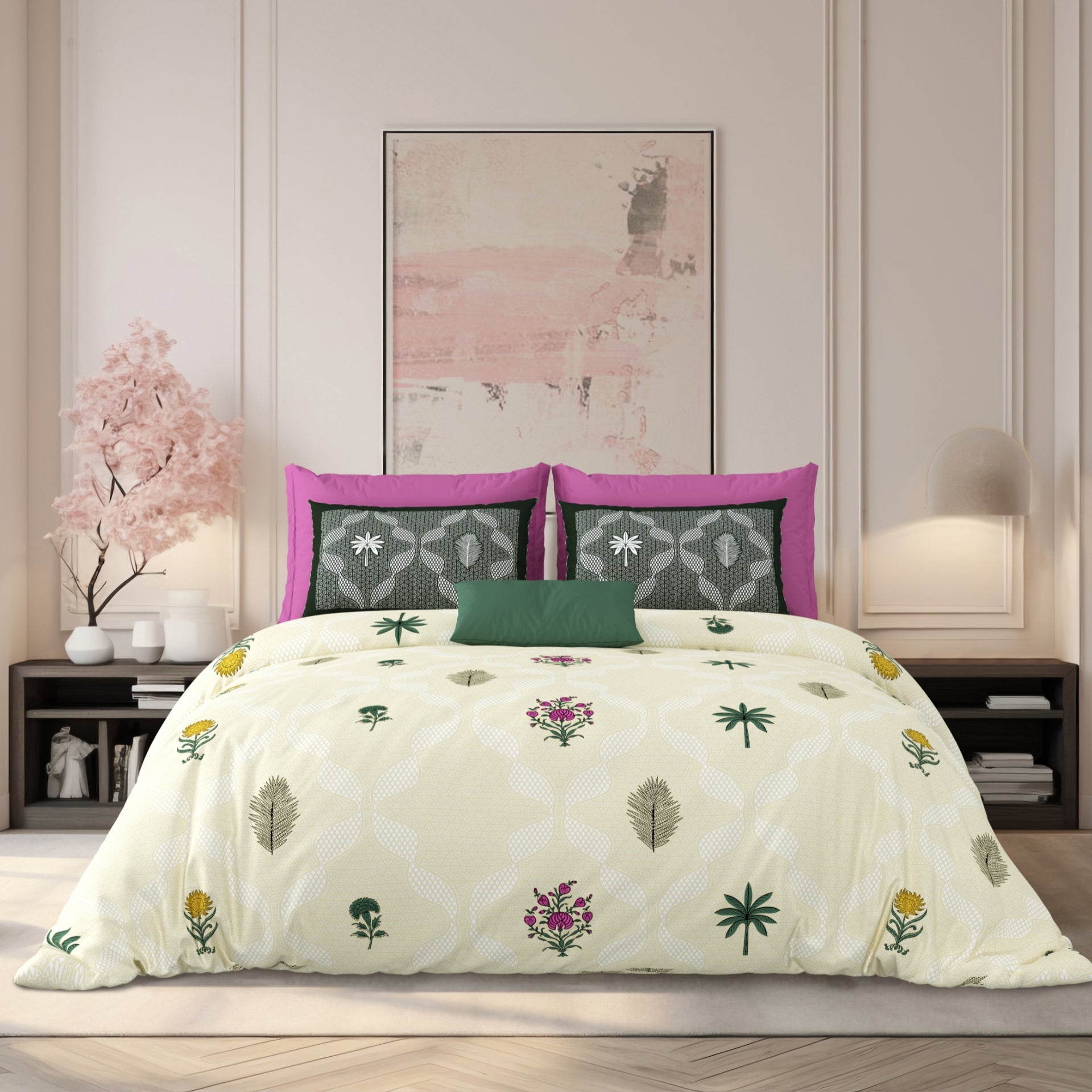 LIVING ROOTS Jaipuri Hand Block Print Super King Cotton Bedsheet 104*104 inches (8.6*8.6 feet) With 2 Pillow Cover | 240 TC | Rich Fast Colour With No Colour Bleeding | (526-D) (Yellow)