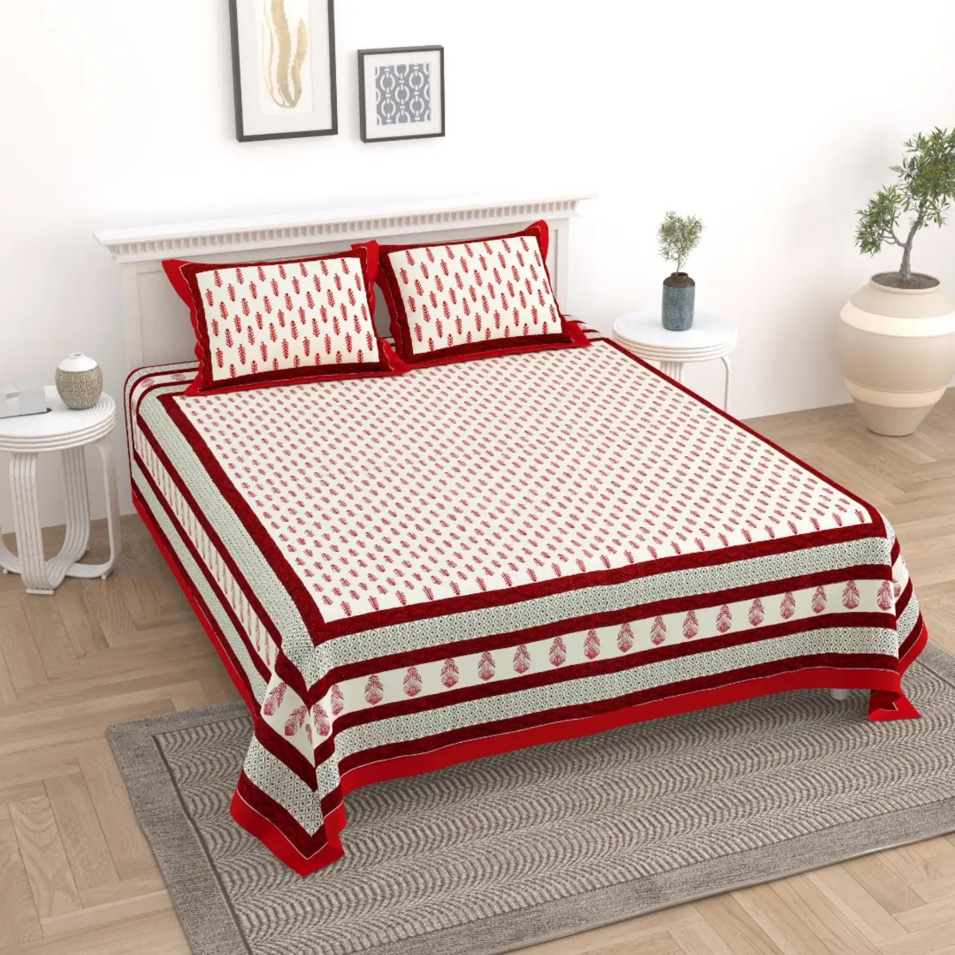 LIVING ROOTS Jaipuri Hand Block Print Double King Cotton Bedsheet 90*104 inches (7.5*8.6 feet) With 2 Pillow Cover | 240 TC | Rich Fast Colour With No Colour Bleeding | (527-A) (Red)