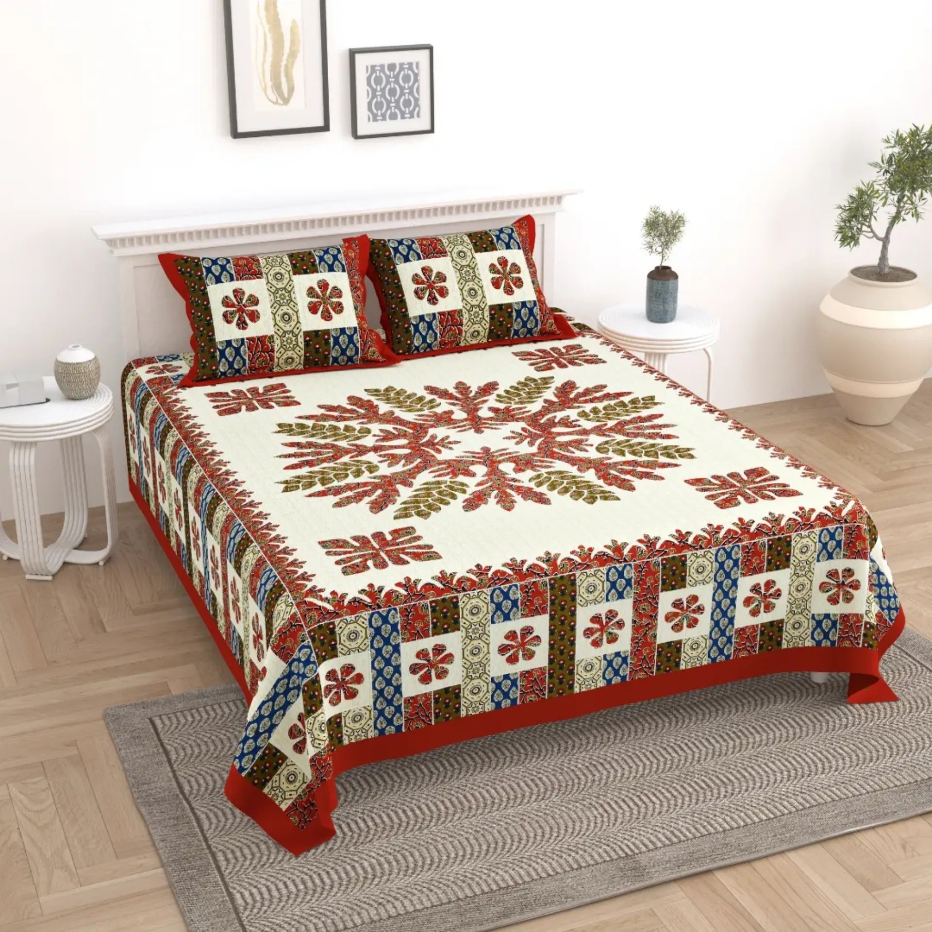 LIVING ROOTS Jaipuri Hand Block Print Double King Cotton Bedsheet 90*104 inches (7.5*8.6 feet) With 2 Pillow Cover | 240 TC | Rich Fast Colour With No Colour Bleeding | (529-B) (Red)