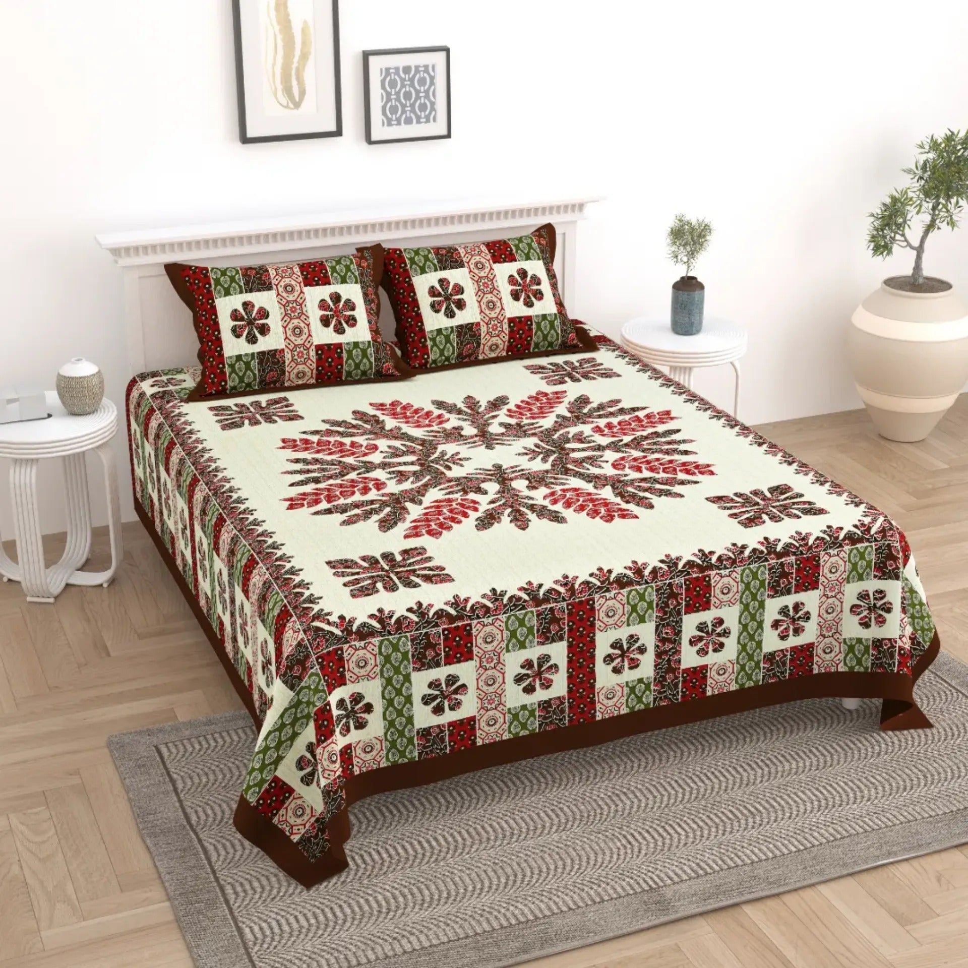 LIVING ROOTS Jaipuri Hand Block Print Double King Cotton Bedsheet 90*104 inches (7.5*8.6 feet) With 2 Pillow Cover | 240 TC | Rich Fast Colour With No Colour Bleeding | (529-C) (Maroon)
