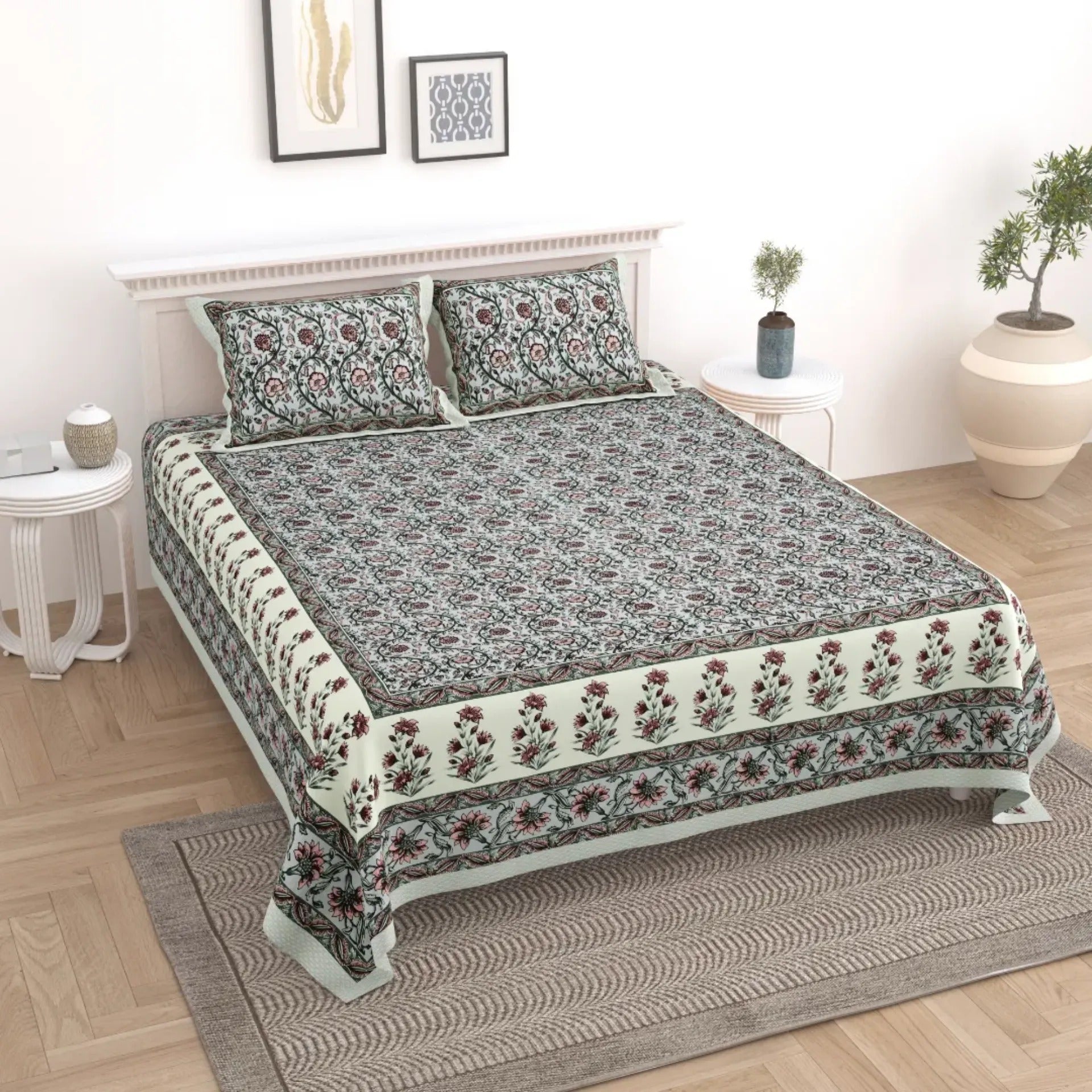 LIVING ROOTS Jaipuri Hand Block Print Double King Cotton Bedsheet 90*104 inches (7.5*8.6 feet) With 2 Pillow Cover | 240 TC | Rich Fast Colour With No Colour Bleeding | (530-B) (Grey)