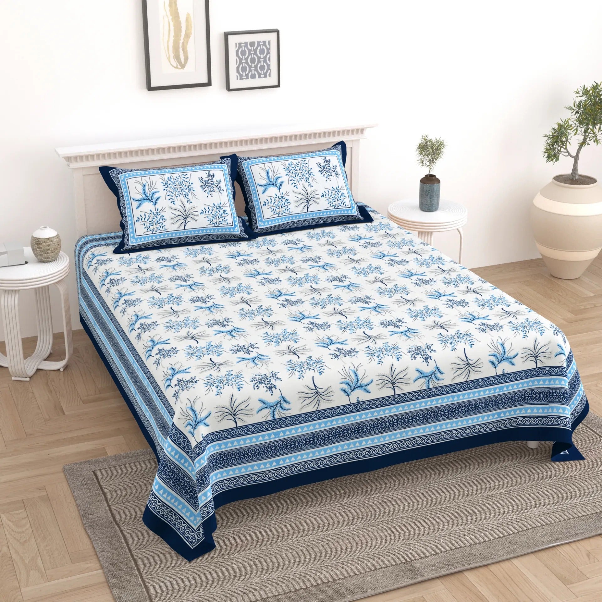LIVING ROOTS Jaipuri Hand Block Print Double King Cotton Bedsheet 90*104 inches (7.5*8.6 feet) With 2 Pillow Cover | 240 TC | Rich Fast Colour With No Colour Bleeding | (531-A) (Blue)