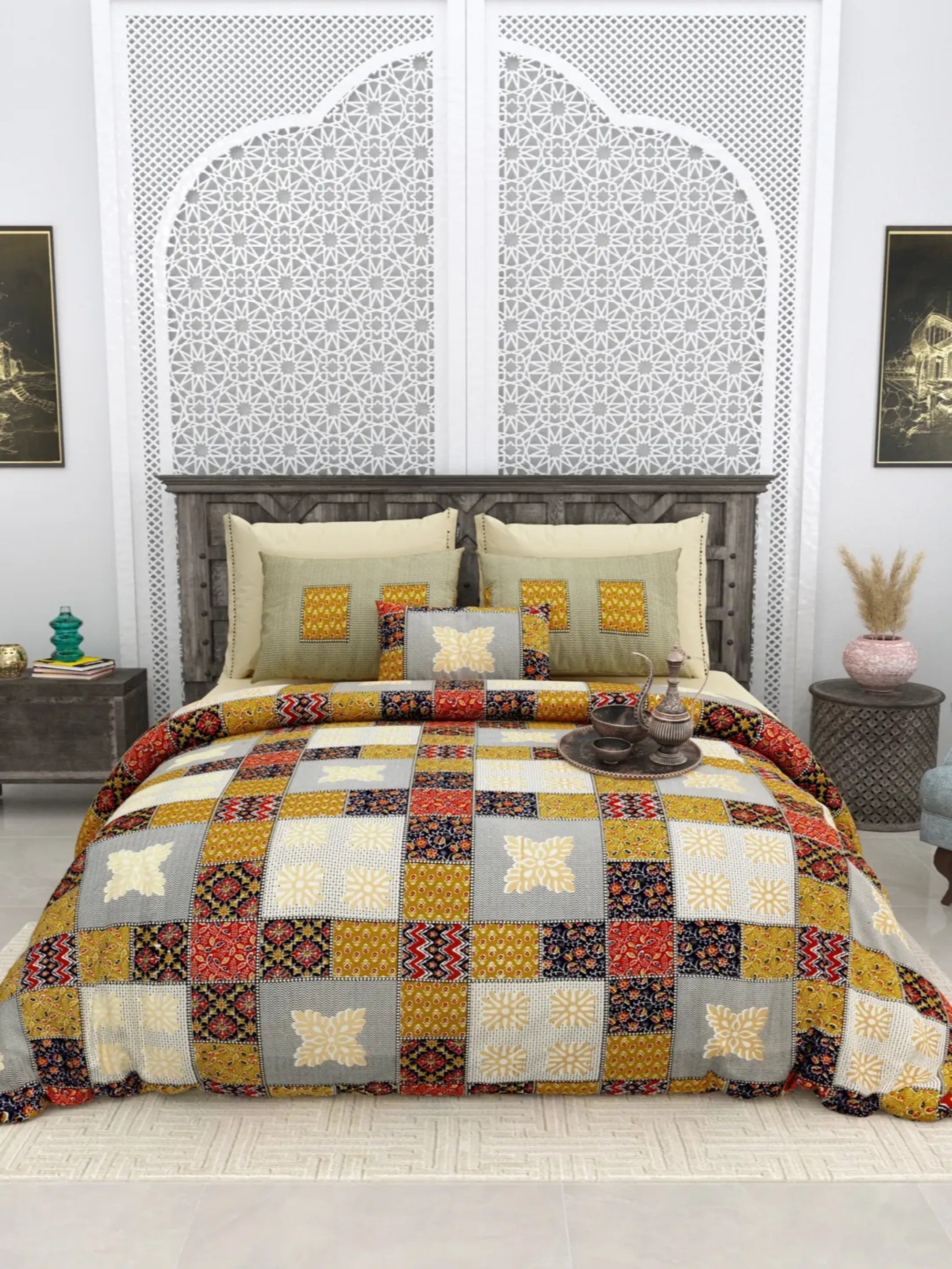 LIVING ROOTS Jaipuri Hand Block Print Super King Cotton Bedsheet 104*104 inches (8.5*8.5 feet) With 2 Pillow Cover | 240 TC | Rich Fast Colour With No Colour Bleeding | (563-B) (Yellow)