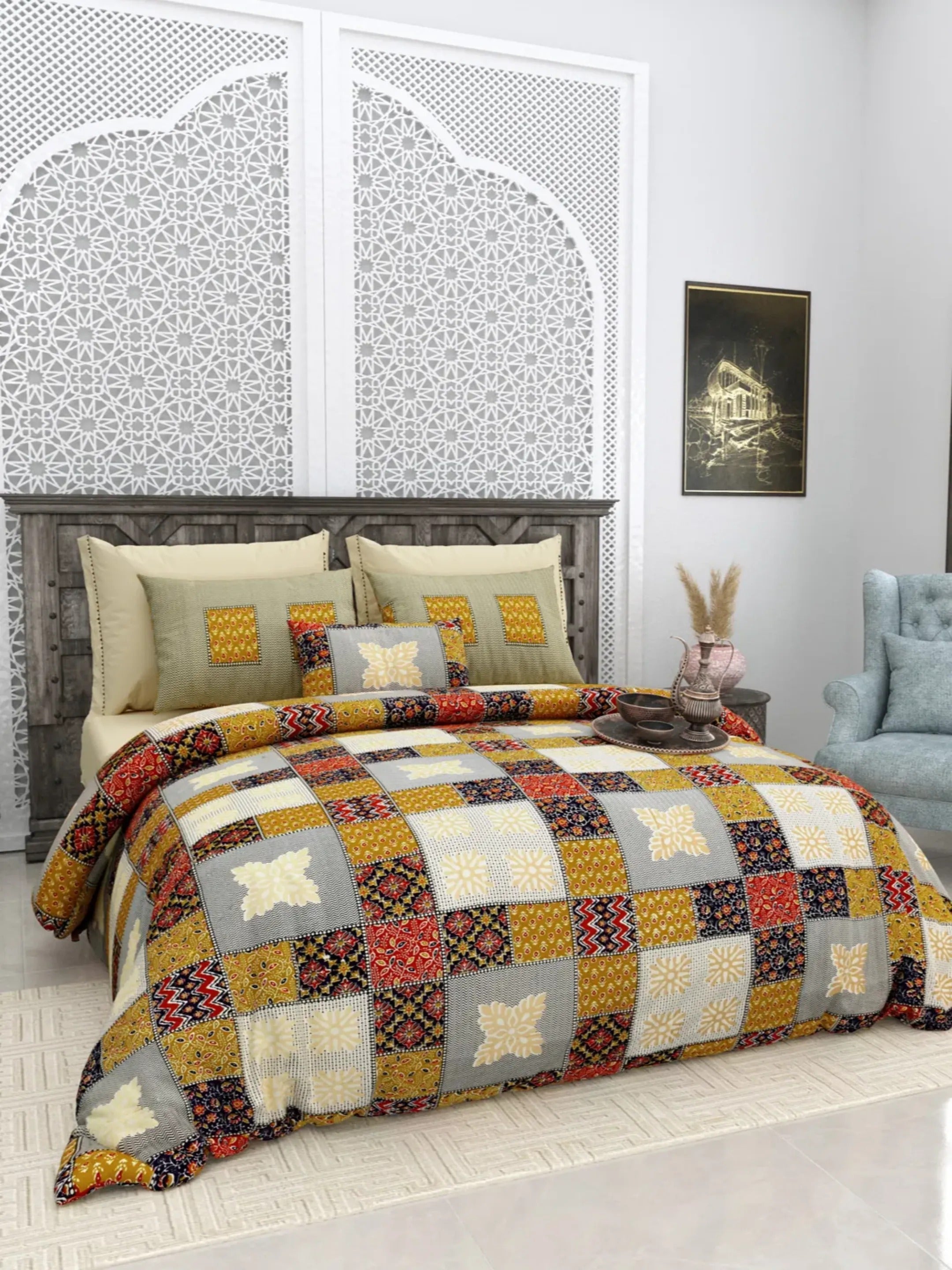LIVING ROOTS Jaipuri Hand Block Print Super King Cotton Bedsheet 104*104 inches (8.5*8.5 feet) With 2 Pillow Cover | 240 TC | Rich Fast Colour With No Colour Bleeding | (563-B) (Yellow)