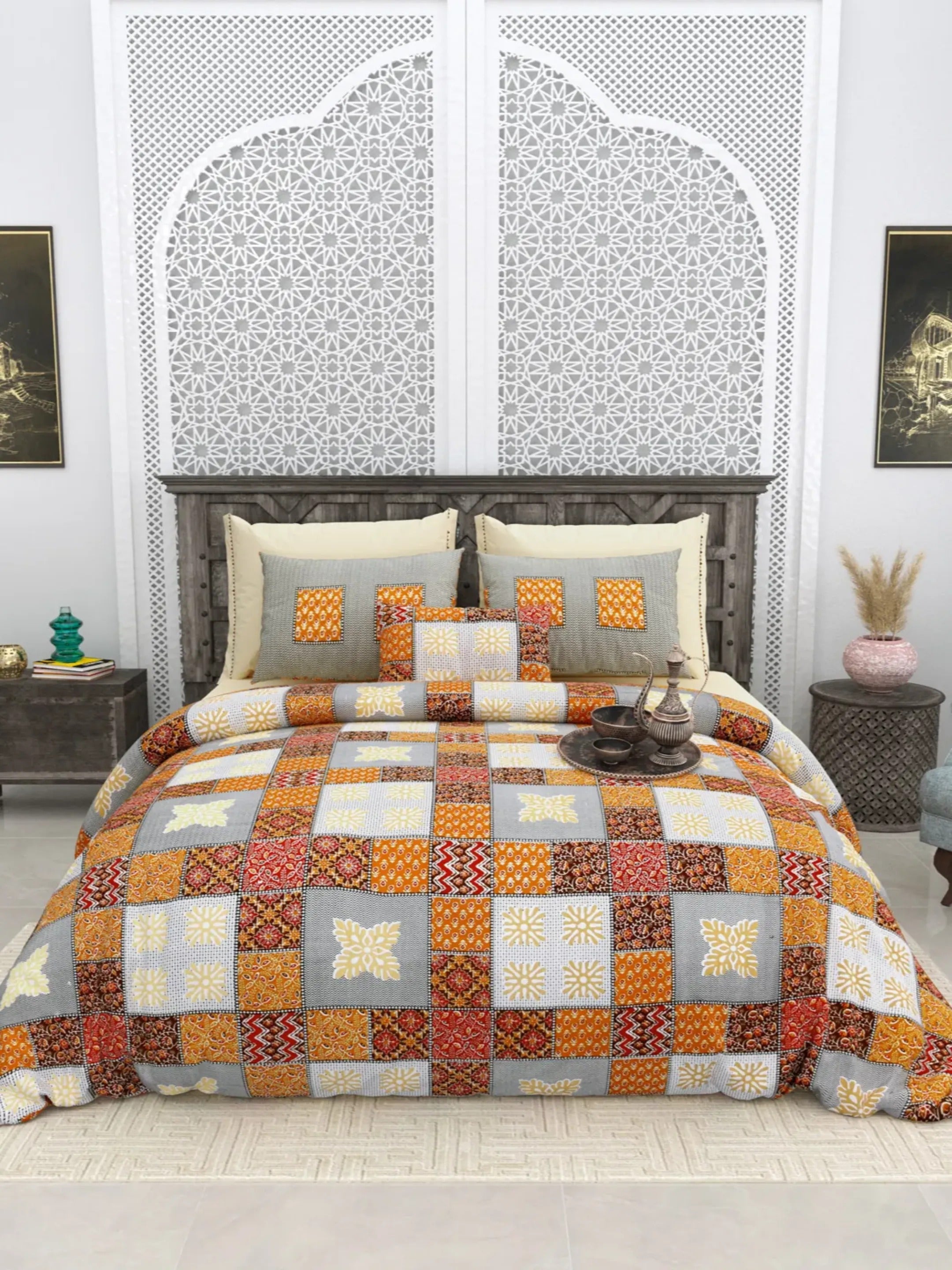 LIVING ROOTS Jaipuri Hand Block Print Super King Cotton Bedsheet 104*104 inches (8.5*8.5 feet) With 2 Pillow Cover | 240 TC | Rich Fast Colour With No Colour Bleeding | (563-C) (Orange)