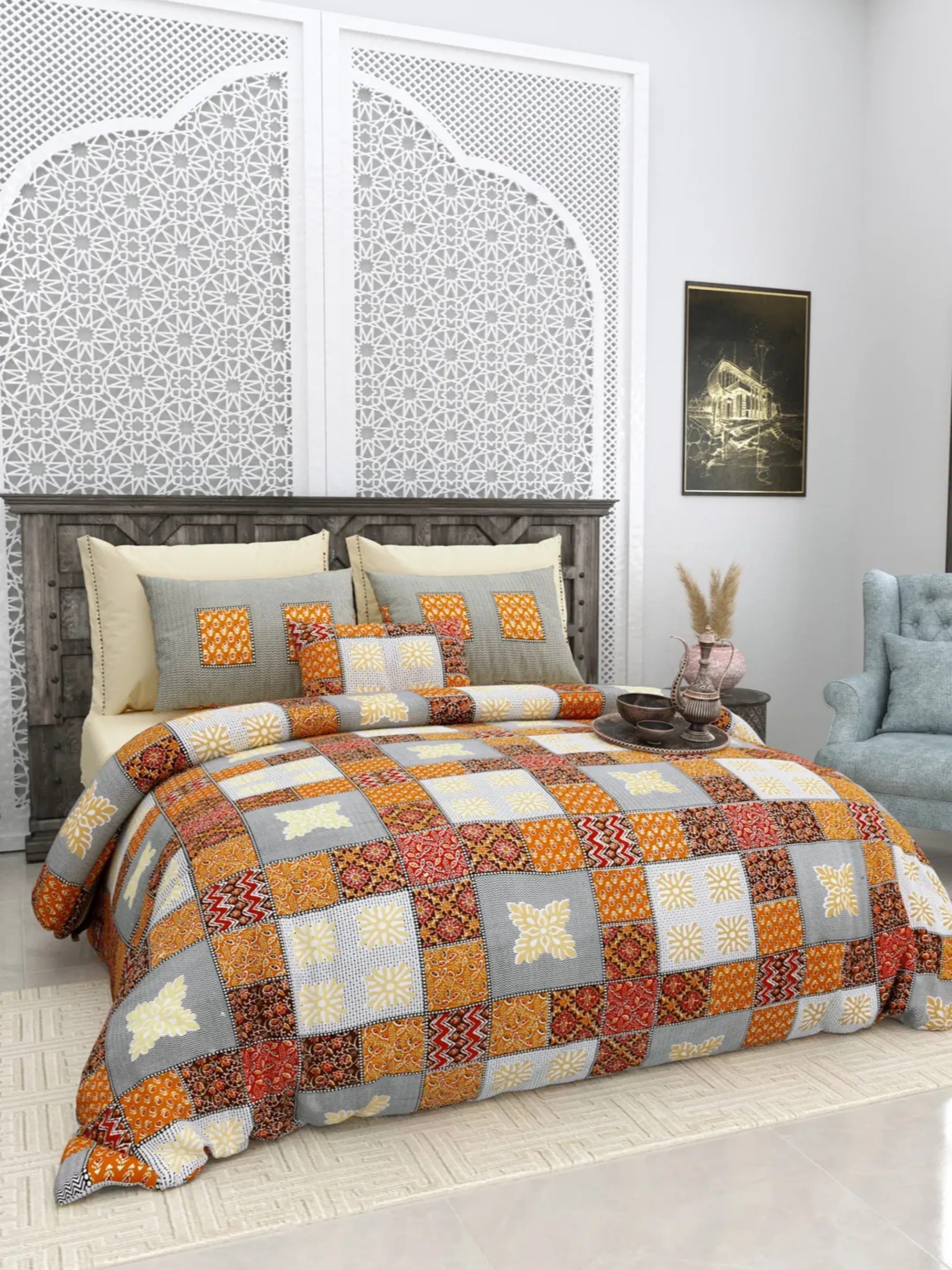 LIVING ROOTS Jaipuri Hand Block Print Super King Cotton Bedsheet 104*104 inches (8.5*8.5 feet) With 2 Pillow Cover | 240 TC | Rich Fast Colour With No Colour Bleeding | (563-C) (Orange)