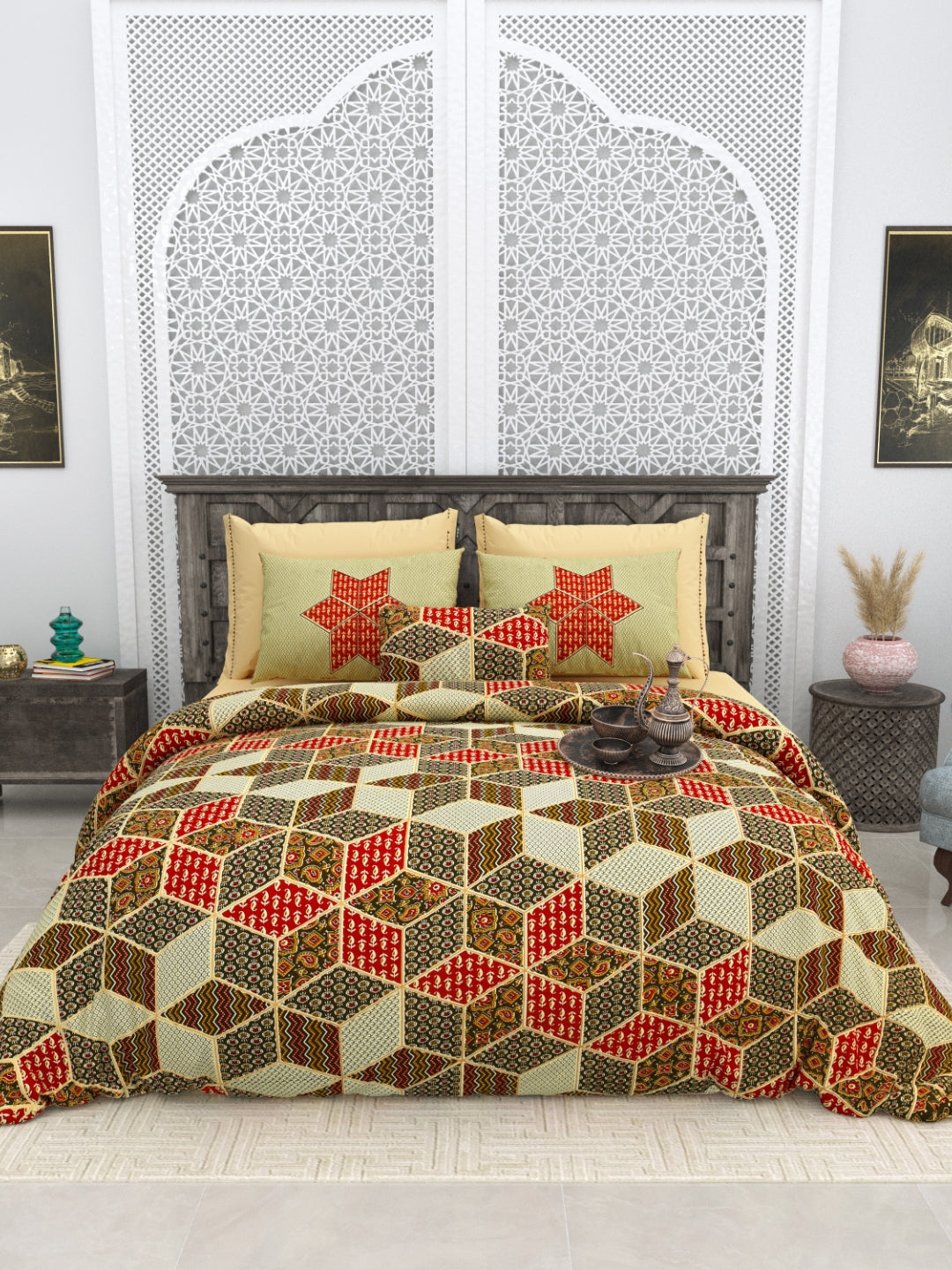 LIVING ROOTS Jaipuri Hand Block Print Super King Cotton Bedsheet 104*104 inches (8.5*8.5 feet) With 2 Pillow Cover | 240 TC | Rich Fast Colour With No Colour Bleeding | (564-B) (Yellow)
