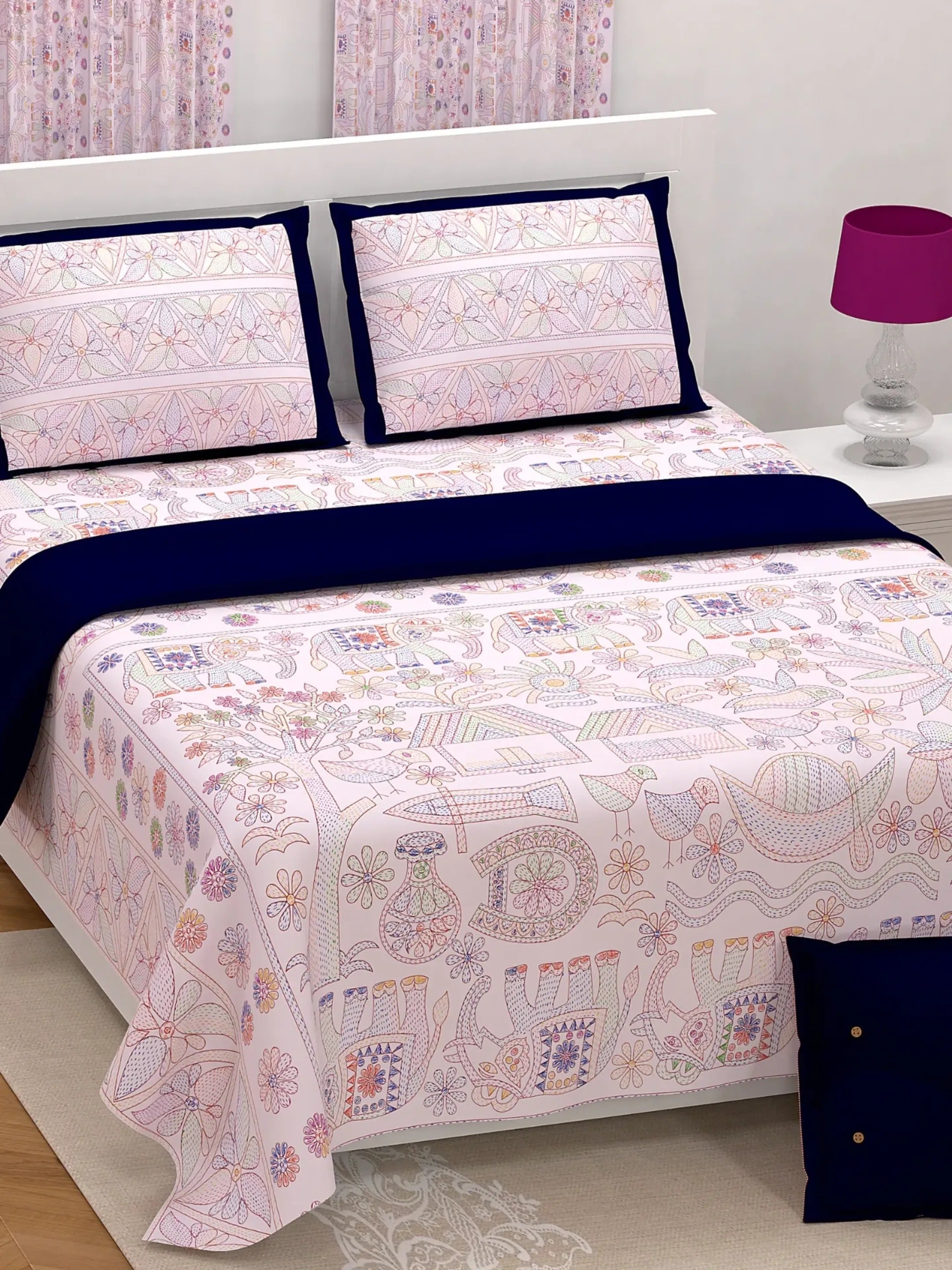 LIVING ROOTS Jaipuri Hand Block Print Super King Cotton Bedsheet 104*104 inches (8.5*8.5 feet) With 2 Pillow Cover | 240 TC | Rich Fast Colour With No Colour Bleeding | (565-A) (Pink)
