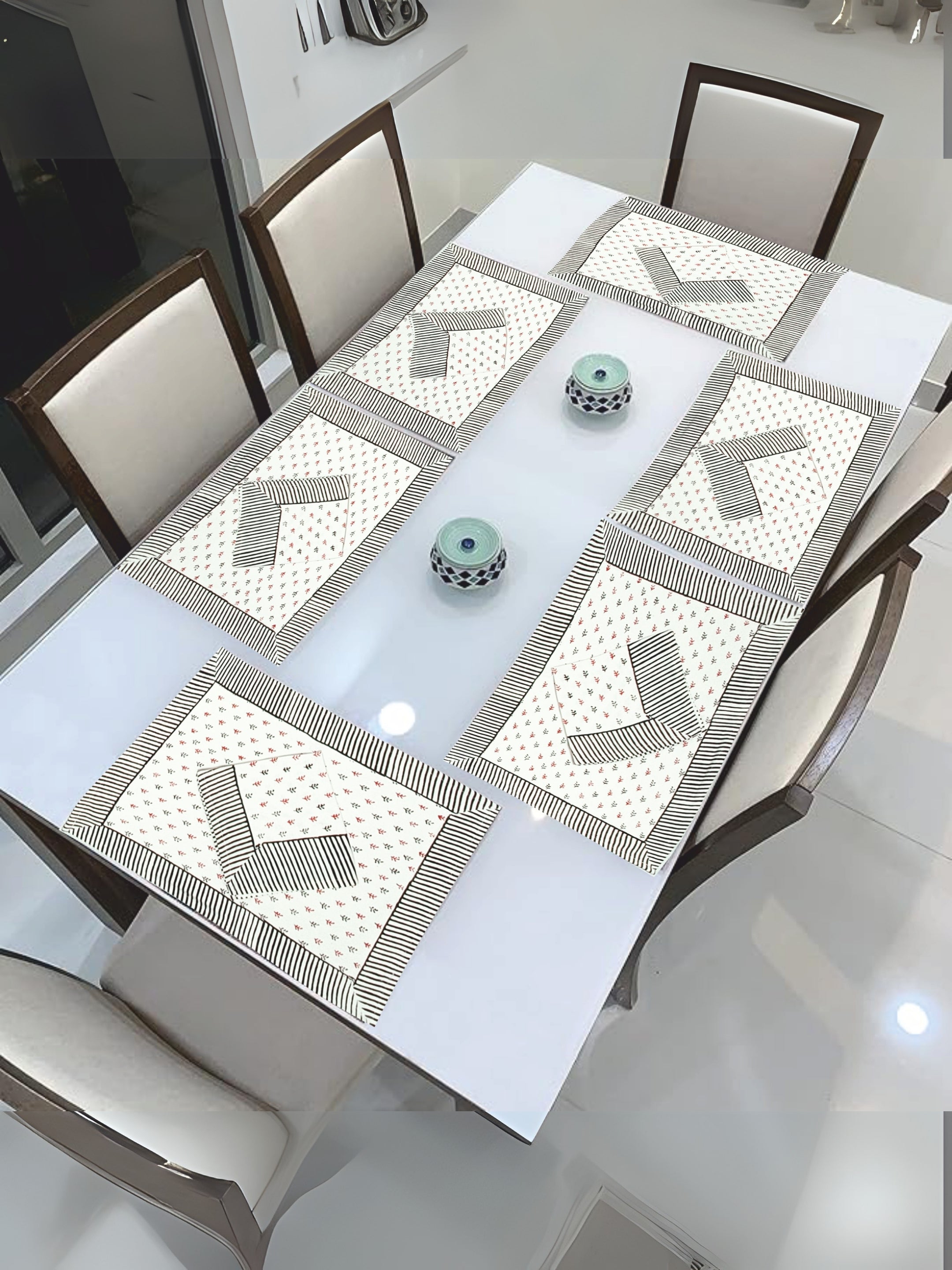 Living Roots Canvas Cotton 6 Piece Table Mat & 6 Piece Table Napkins White & Pink,Table Place Napkins, Elegant Dining Decor (010)
