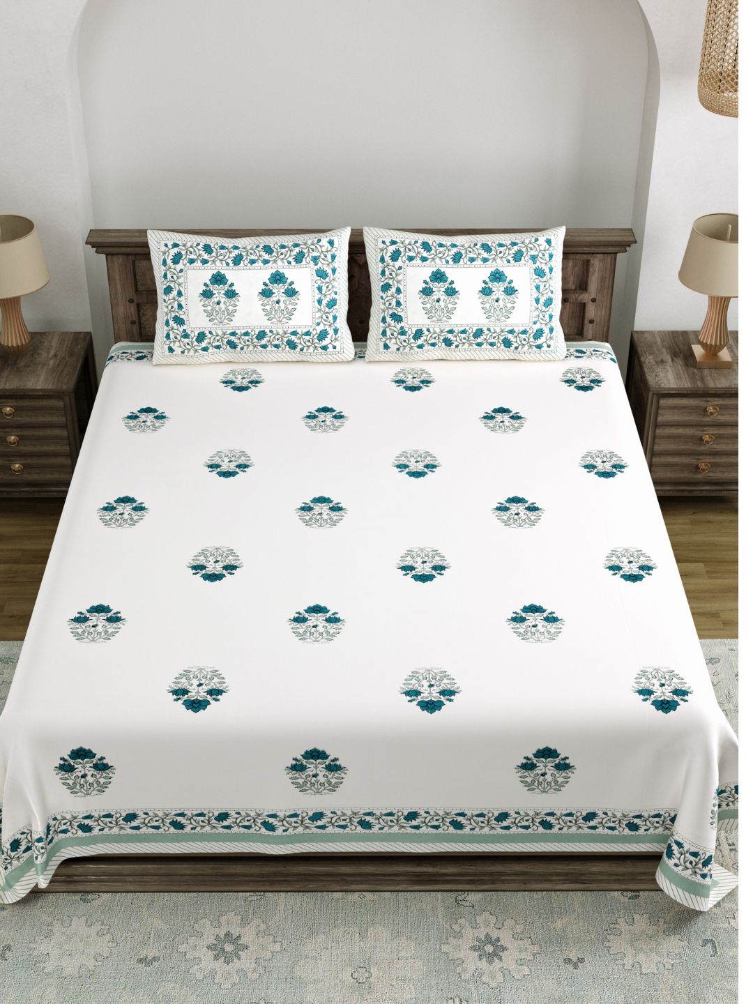 LIVING ROOTS King Size Premium Handblock Printed Pure Cotton Green Colour Bedsheet With Pillow Cover (31-202-A)