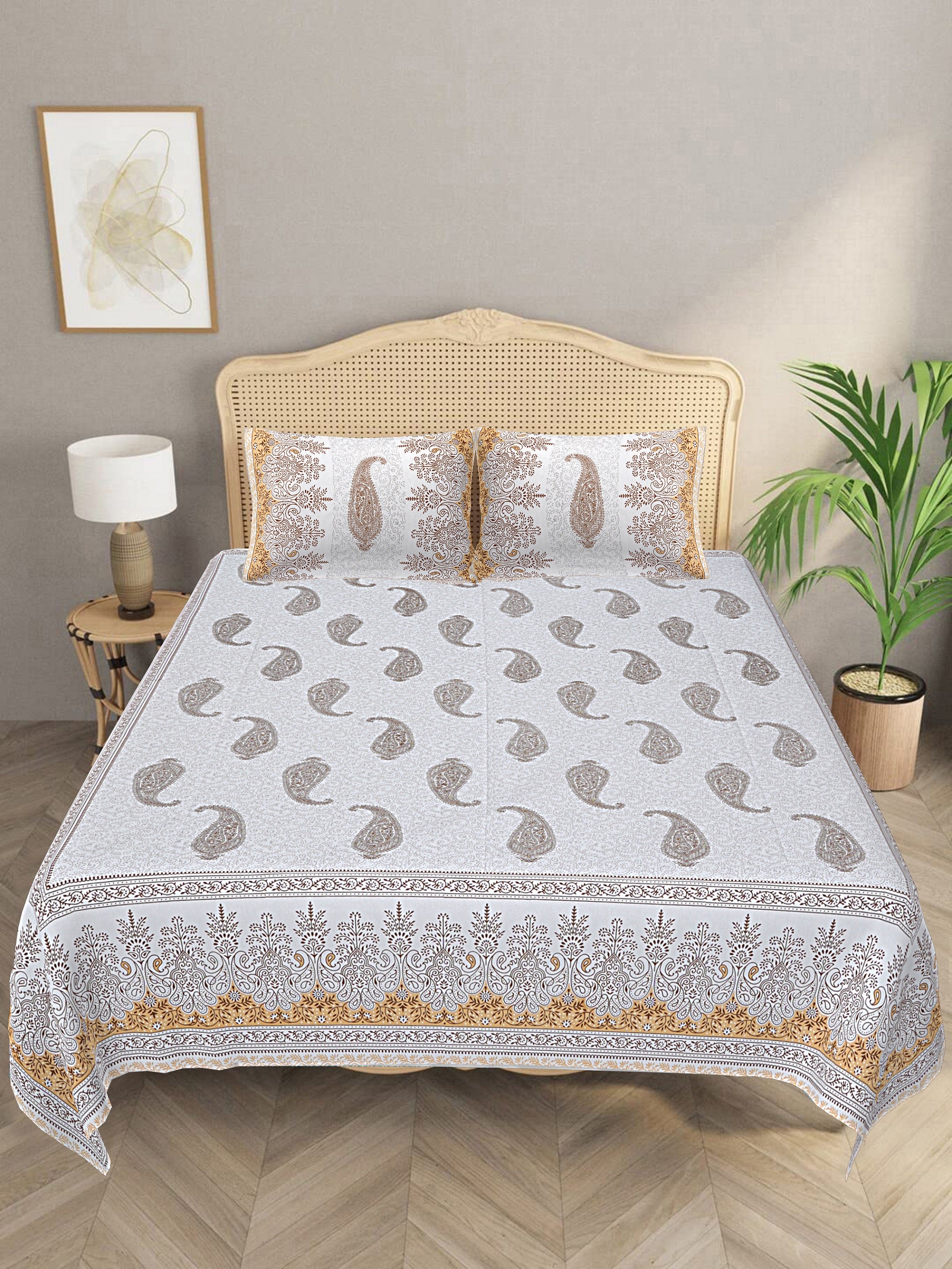LIVING ROOTS King Size Premium Handblock Printed Pure Cotton Yellow Colour Bedsheet With Pillow Cover (31-205-A)