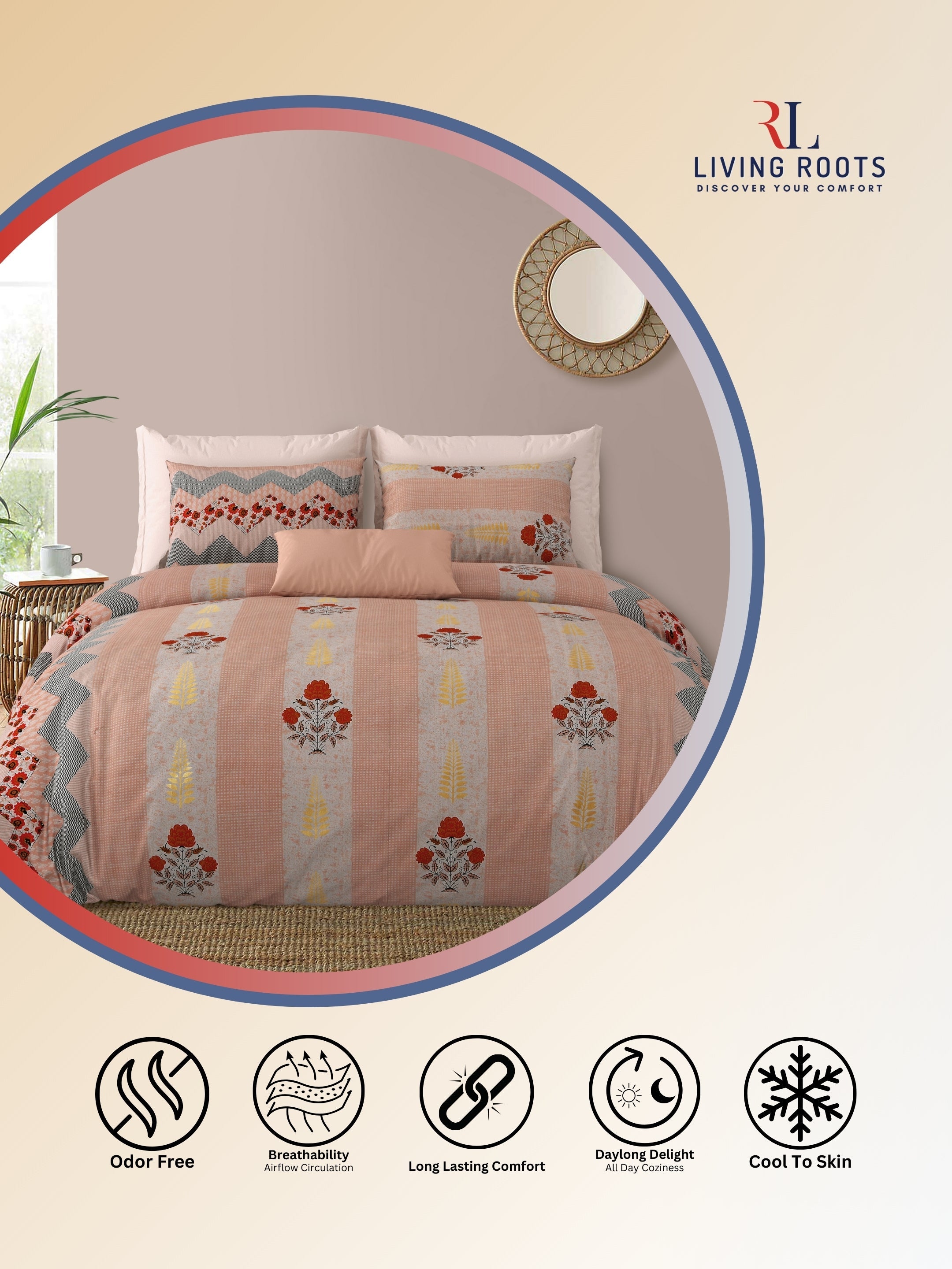 LIVING ROOTS Jaipuri Hand Block Print Double King Cotton Bedsheet 86*104 Inches (7.1*8.6 Feet) With 2 Pillow Cover | 220 TC | Rich Fast Colour With No Colour Bleeding (463-C)