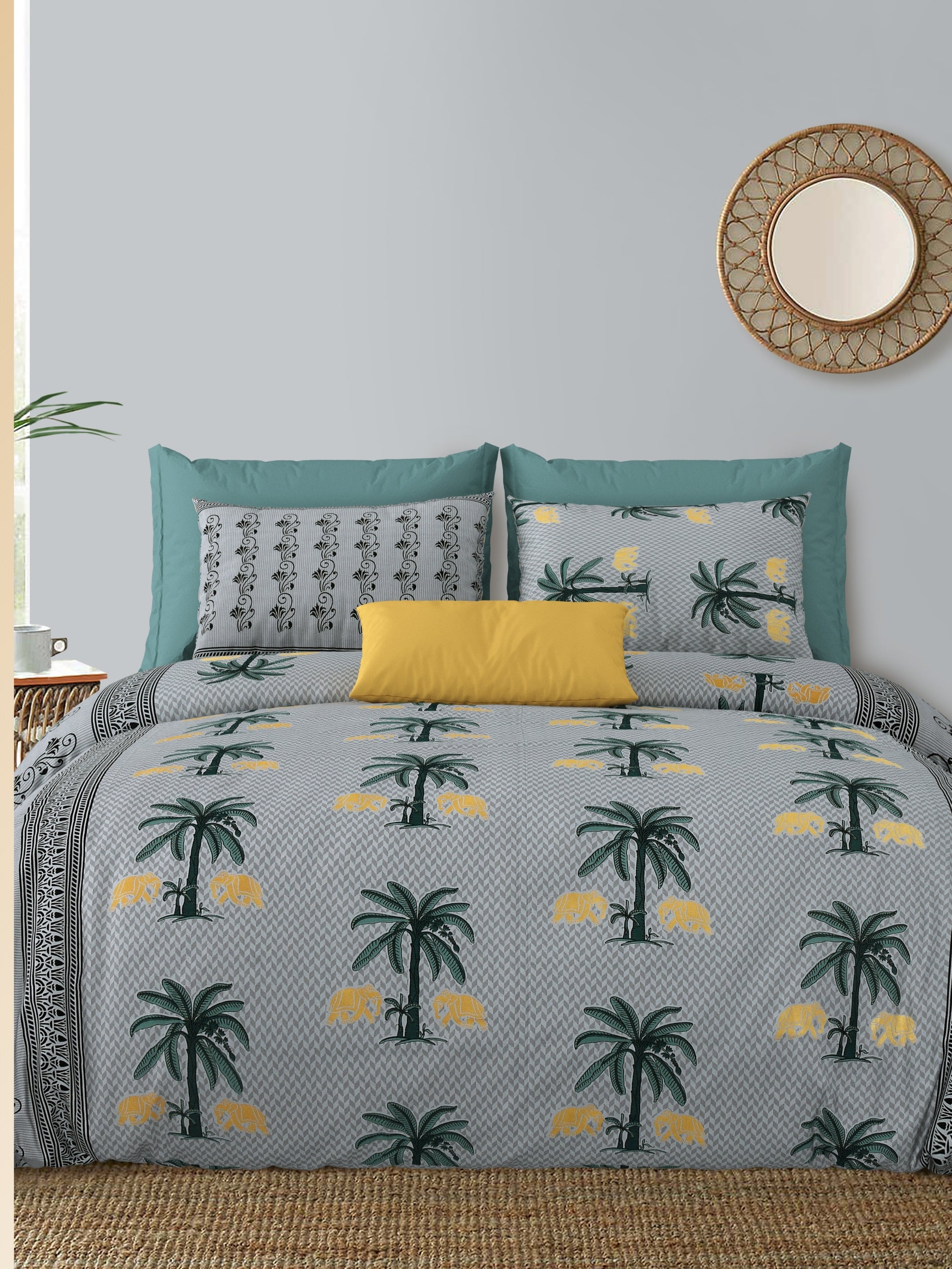 LIVING ROOTS Jaipuri Hand Block Print Double King Cotton Bedsheet 86*104 Inches (7.1*8.6 Feet) With 2 Pillow Cover | 220 TC | Rich Fast Colour With No Colour Bleeding (466-C) (Grey)