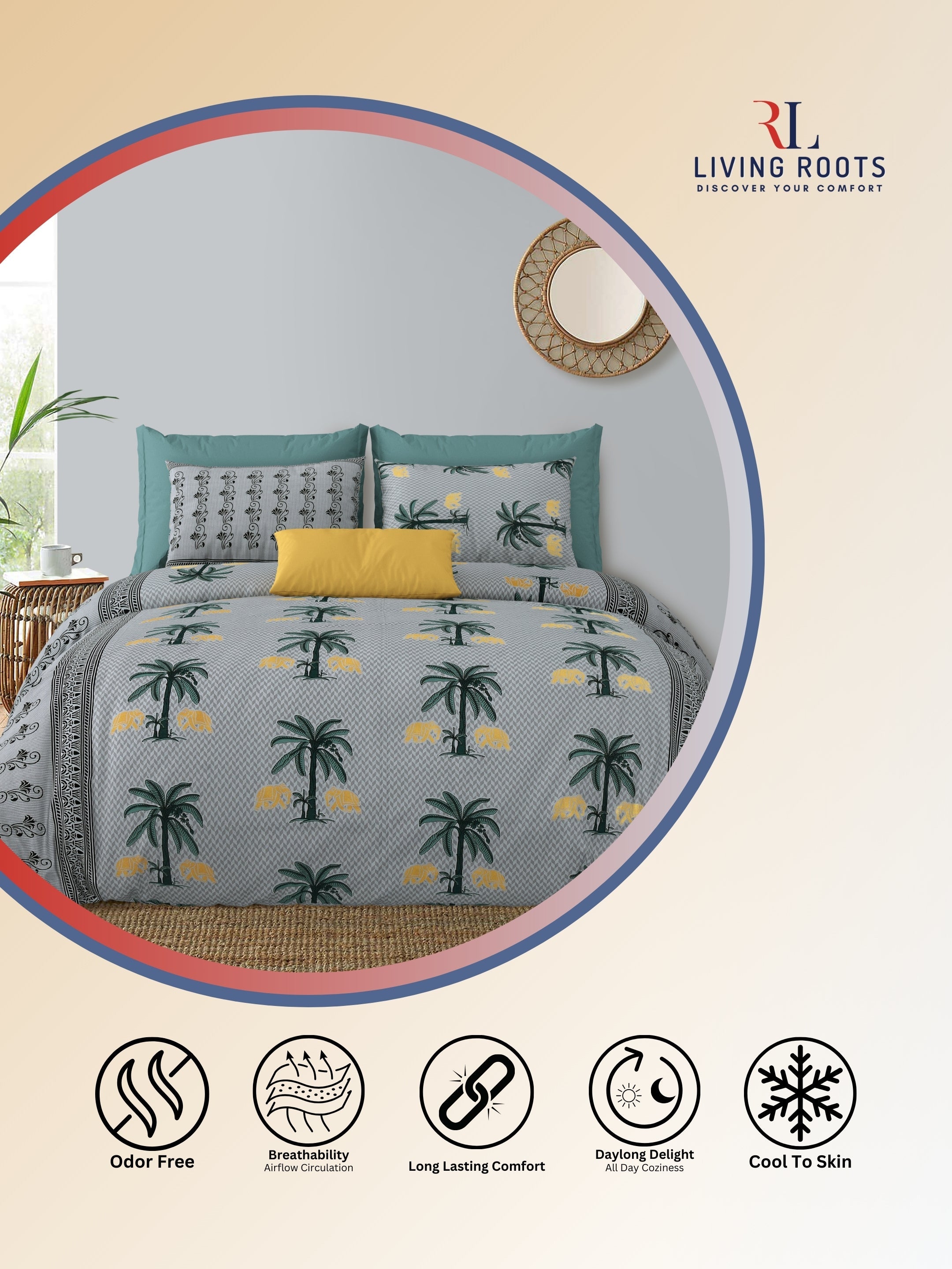 LIVING ROOTS Jaipuri Hand Block Print Double King Cotton Bedsheet 86*104 Inches (7.1*8.6 Feet) With 2 Pillow Cover | 220 TC | Rich Fast Colour With No Colour Bleeding (466-C) (Grey)