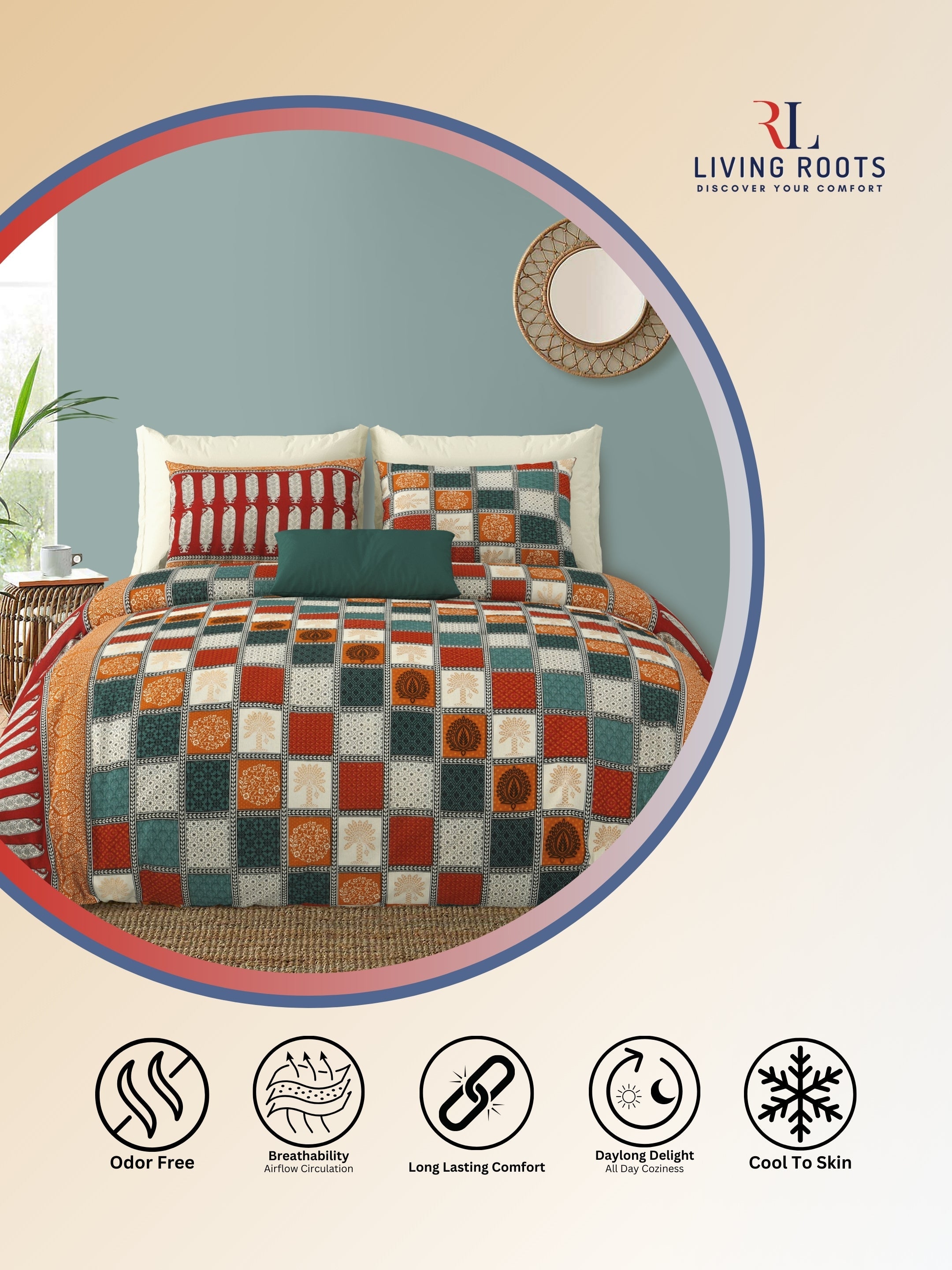 LIVING ROOTS Jaipuri Hand Block Print Double King Cotton Bedsheet 86*104 Inches (7.1*8.6 Feet) With 2 Pillow Cover | 220 TC | Rich Fast Colour With No Colour Bleeding (467-A)