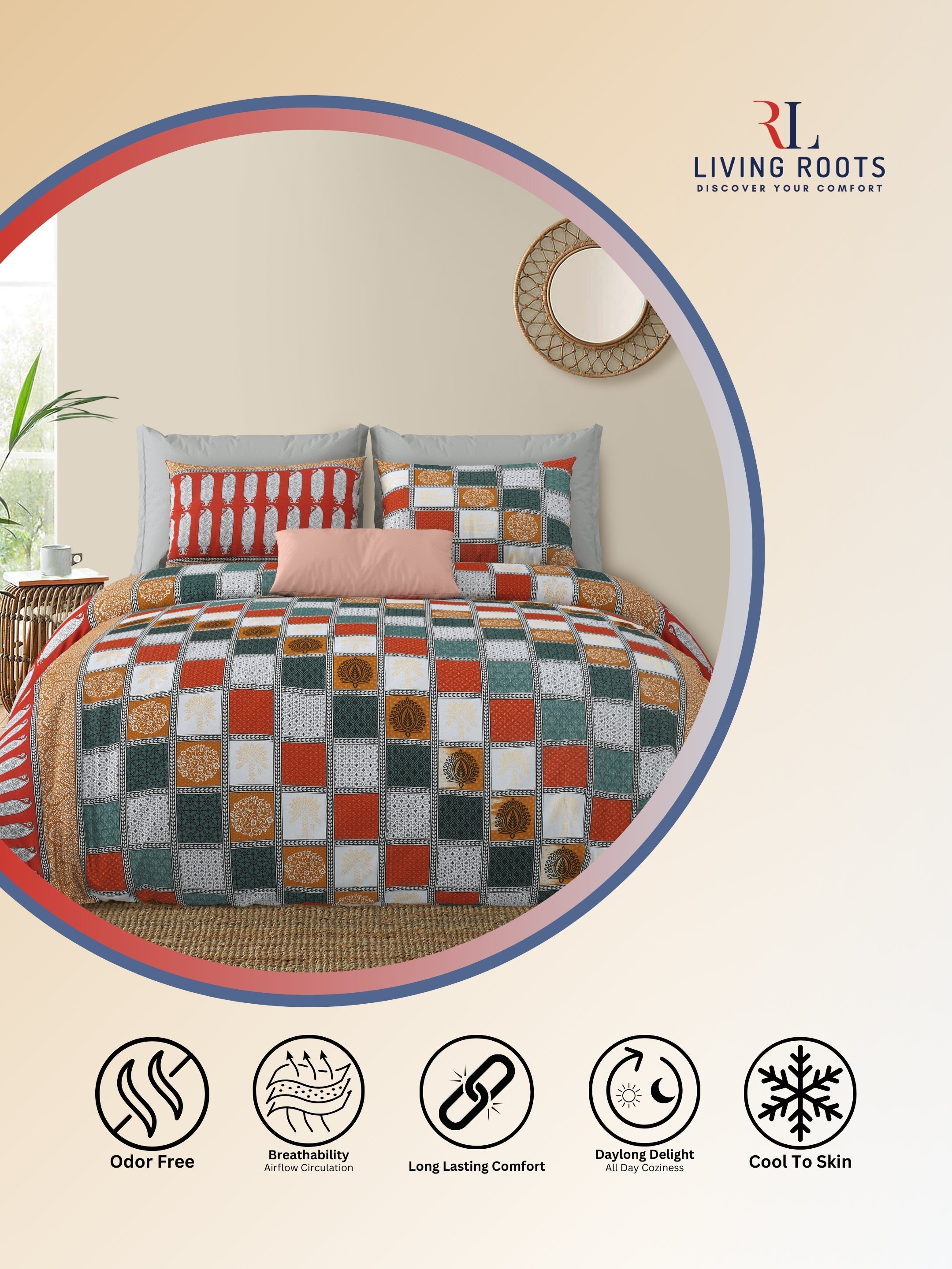 LIVING ROOTS Jaipuri Hand Block Print Double King Cotton Bedsheet 86*104 Inches (7.1*8.6 Feet) With 2 Pillow Cover | 220 TC | Rich Fast Colour With No Colour Bleeding (467-B)