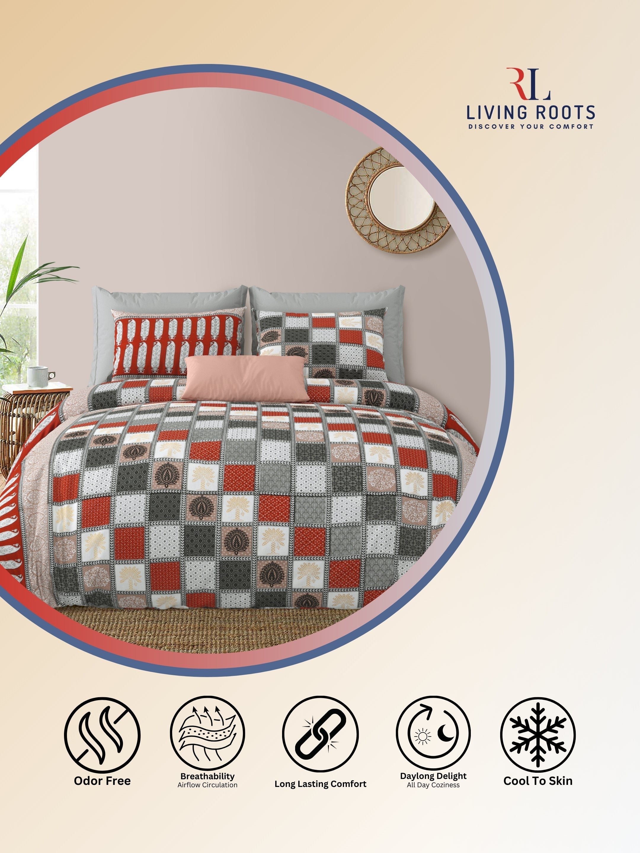 LIVING ROOTS Jaipuri Hand Block Print Double King Cotton Bedsheet 86*104 Inches (7.1*8.6 Feet) With 2 Pillow Cover | 220 TC | Rich Fast Colour With No Colour Bleeding (467-C)