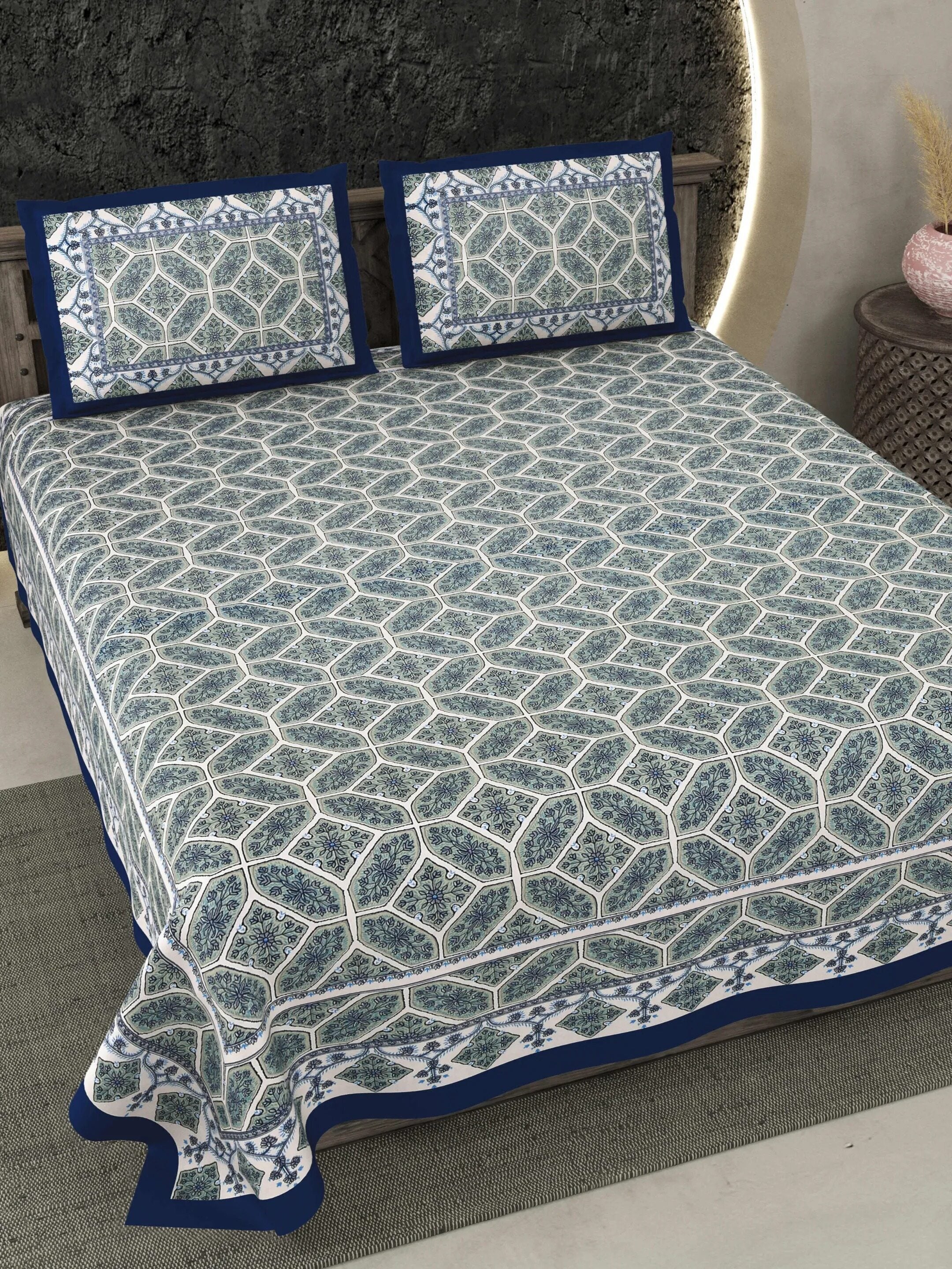 LIVING ROOTS Jaipuri Hand Block Print Double King Cotton 86*104 Inches (7.1*8.6 Feet) With 2 Pillow Cover | 220 TC | Rich Fast Colour With No Colour Bleeding (473-B) (Blue)