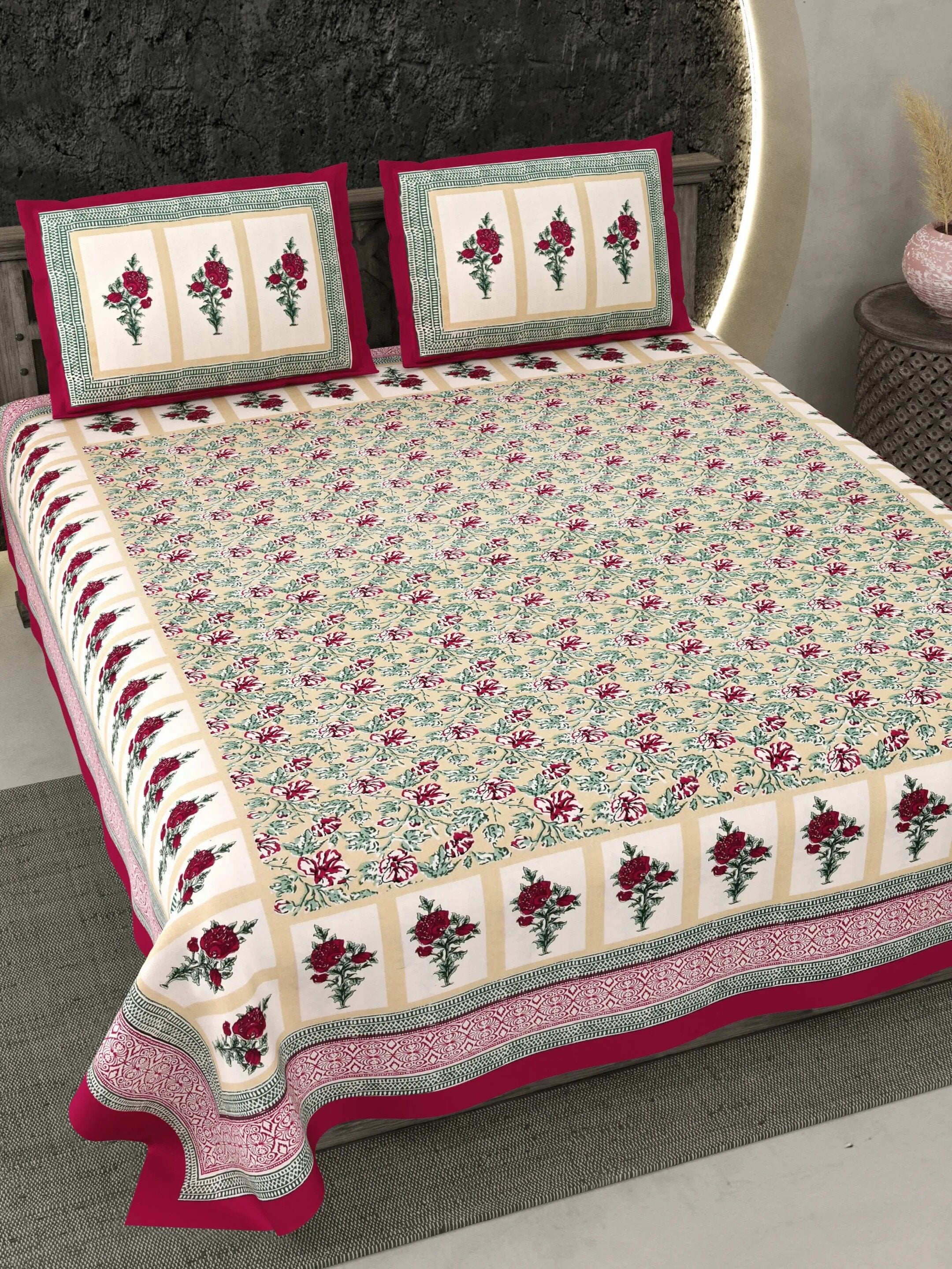 LIVING ROOTS Jaipuri Hand Block Print Double King Cotton 86*104 Inches (7.1*8.6 Feet) With 2 Pillow Cover | 220 TC | Rich Fast Colour With No Colour Bleeding (476-B) (Pink)