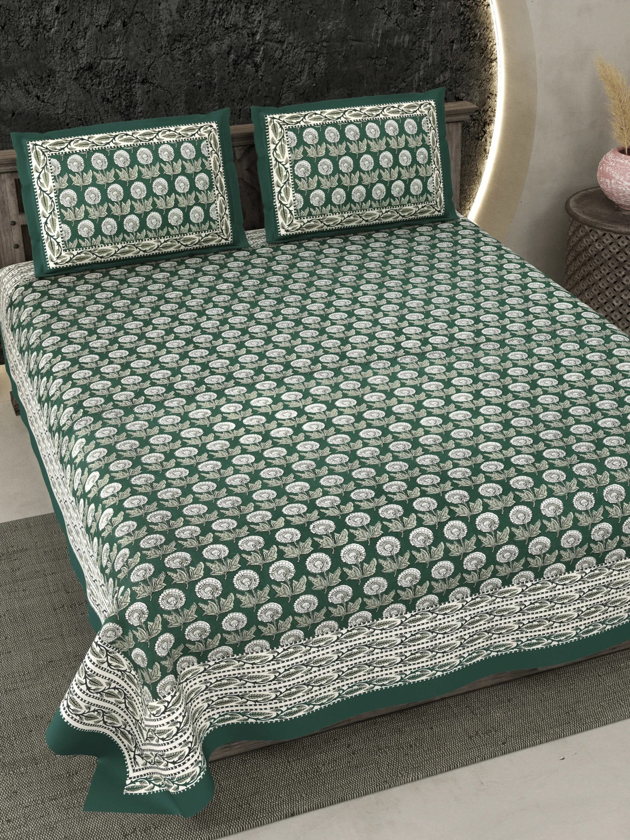 LIVING ROOTS Jaipuri Hand Block Print Double King Cotton 86*104 Inches (7.1*8.6 Feet) With 2 Pillow Cover | 220 TC | Rich Fast Colour With No Colour Bleeding (477-A) (Green)