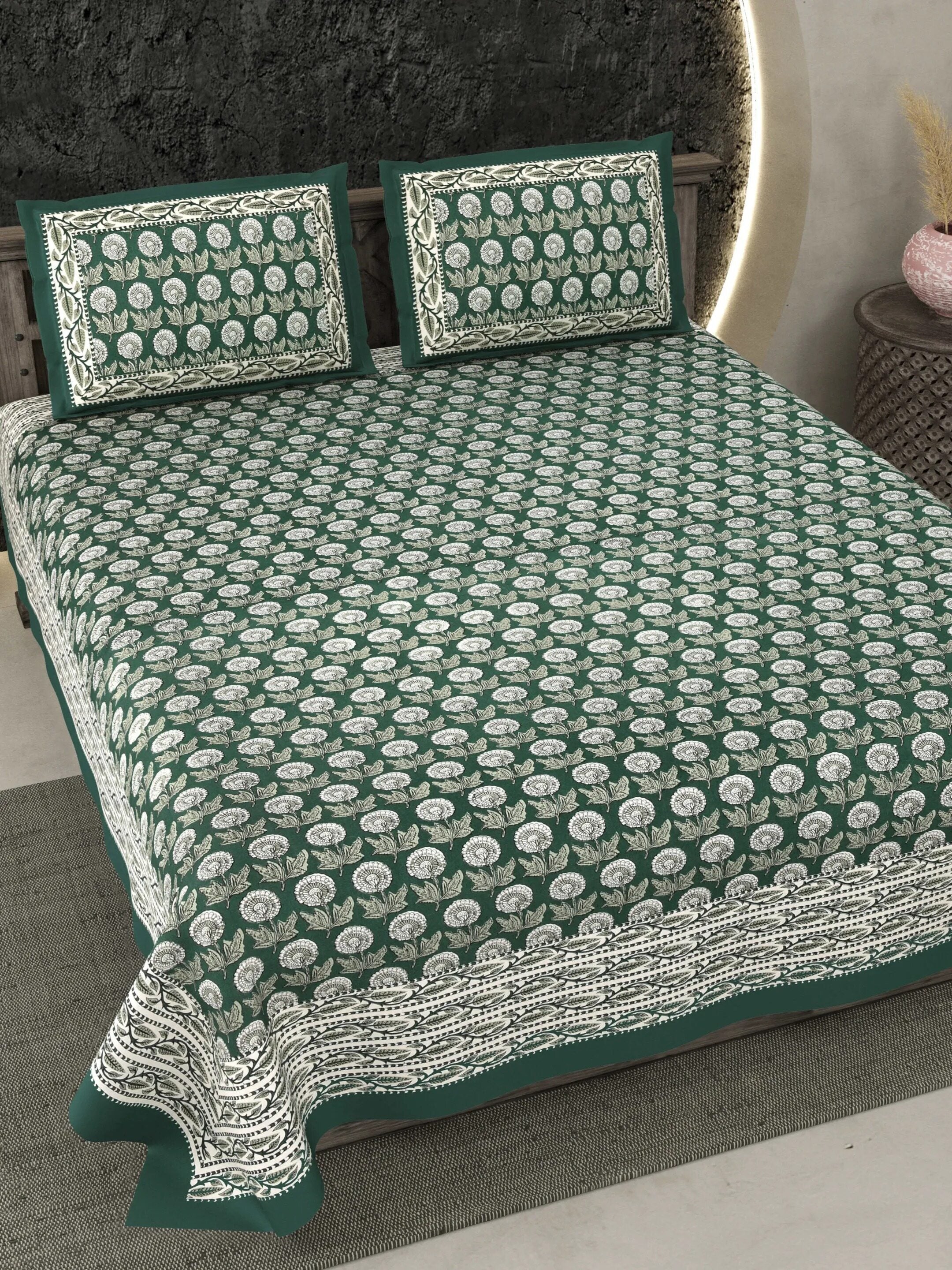 LIVING ROOTS Jaipuri Hand Block Print Double King Cotton 86*104 Inches (7.1*8.6 Feet) With 2 Pillow Cover | 220 TC | Rich Fast Colour With No Colour Bleeding (477-A) (Green)