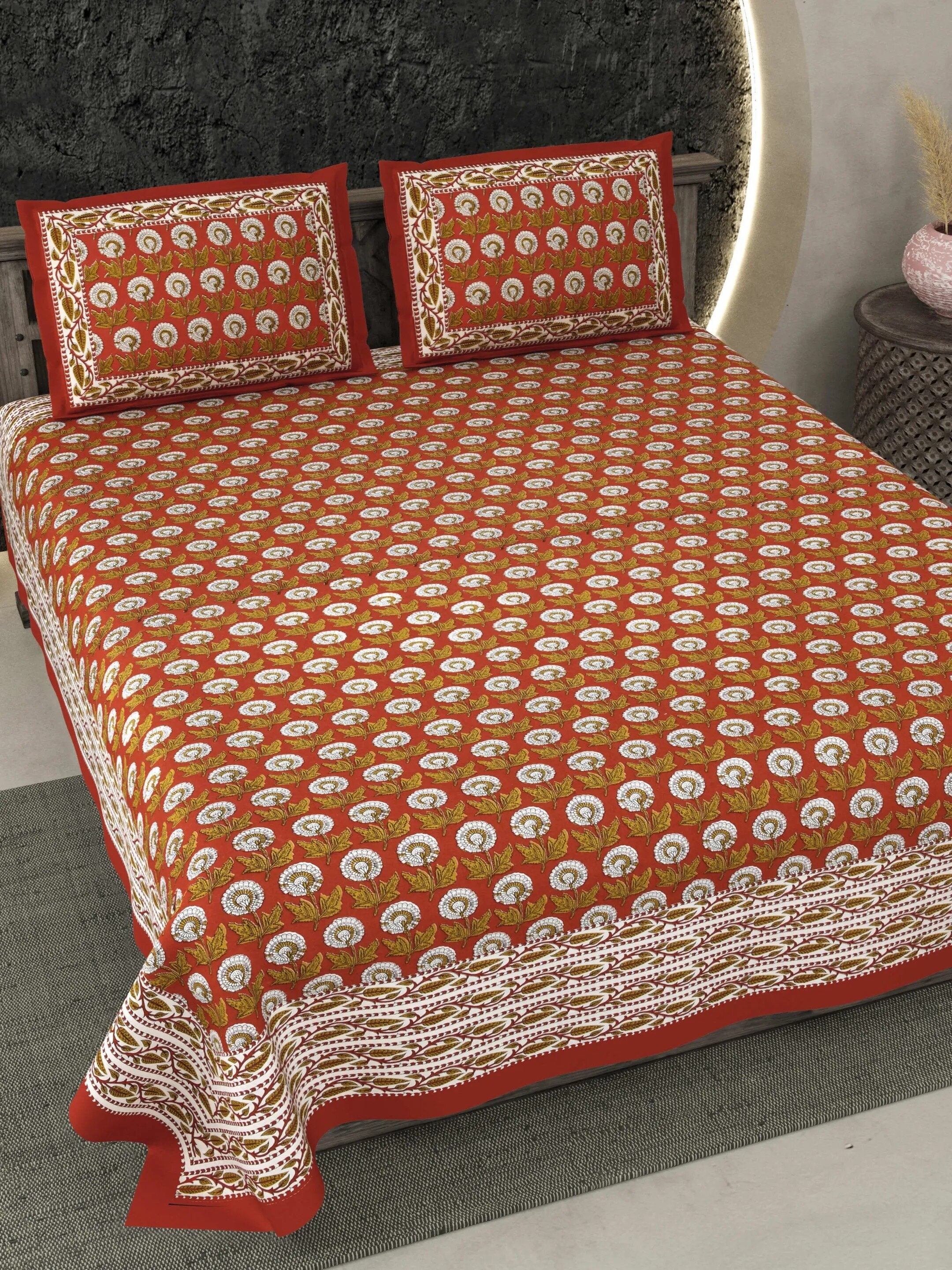 LIVING ROOTS Jaipuri Hand Block Print Double King Cotton 86*104 Inches (7.1*8.6 Feet) With 2 Pillow Cover | 220 TC | Rich Fast Colour With No Colour Bleeding (477-B) (Red)