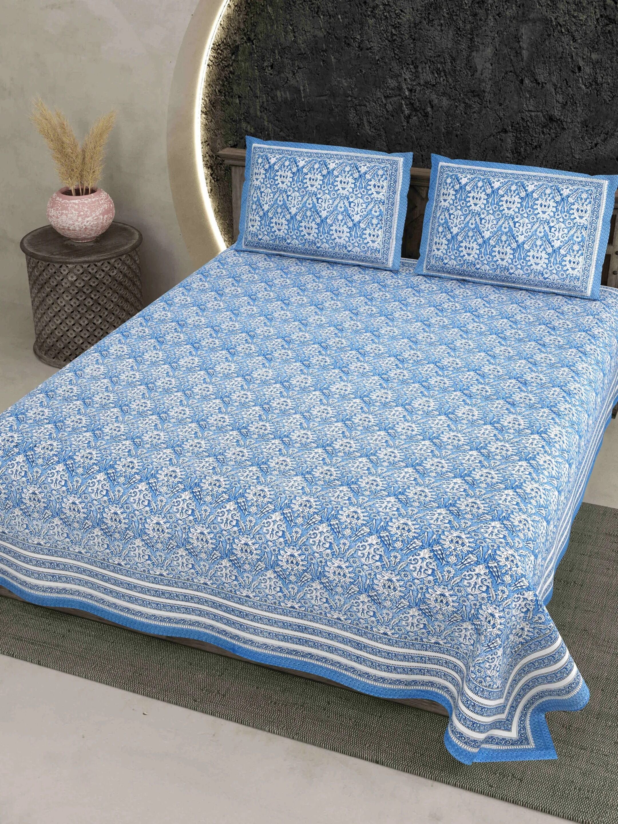 LIVING ROOTS Jaipuri Hand Block Print Double King Cotton 86*104 Inches (7.1*8.6 Feet) With 2 Pillow Cover | 220 TC | Rich Fast Colour With No Colour Bleeding (479-B) (Blue)