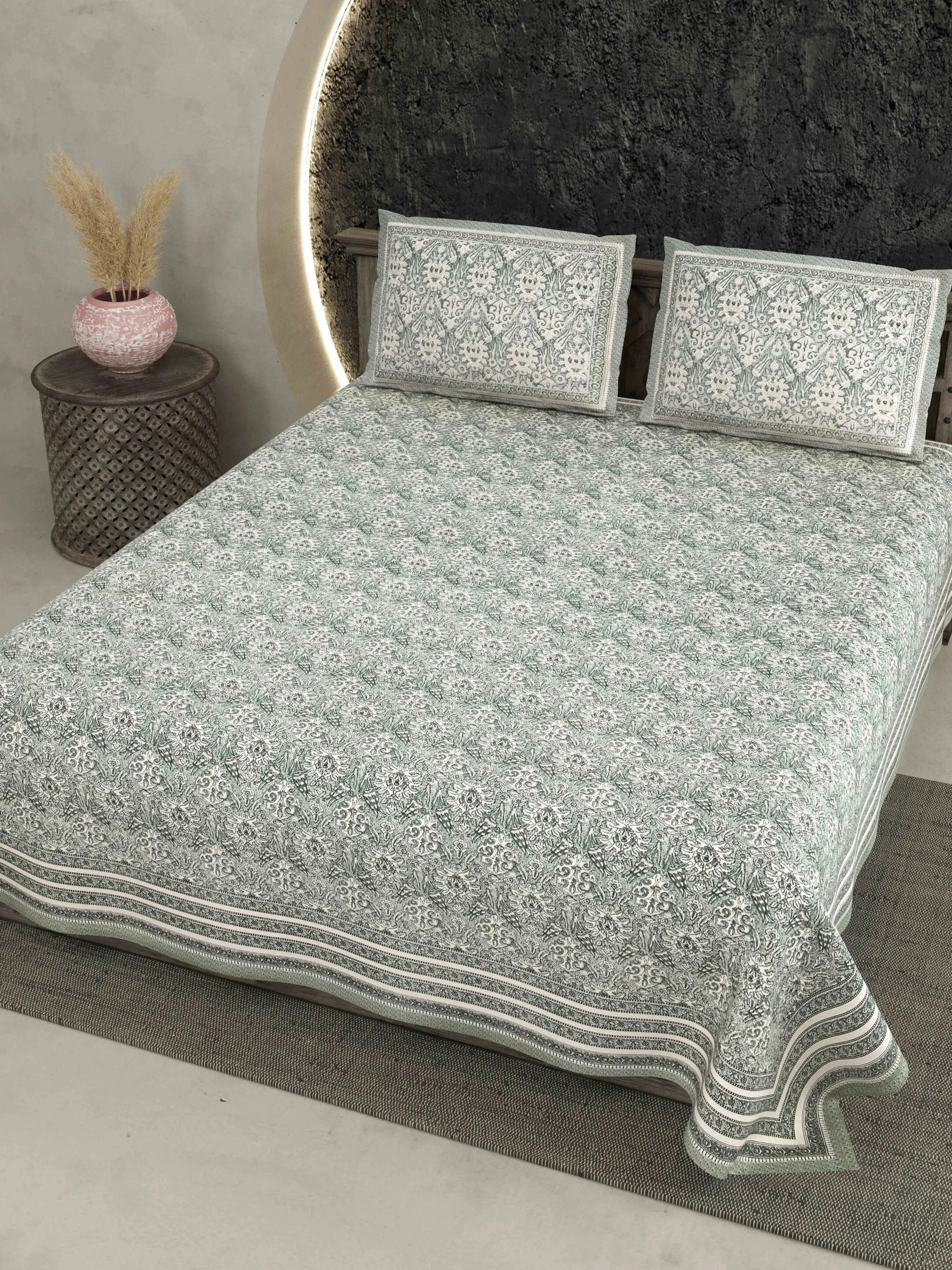 LIVING ROOTS Jaipuri Hand Block Print Double King Cotton 86*104 Inches (7.1*8.6 Feet) With 2 Pillow Cover | 220 TC | Rich Fast Colour With No Colour Bleeding (479-C) (Green)