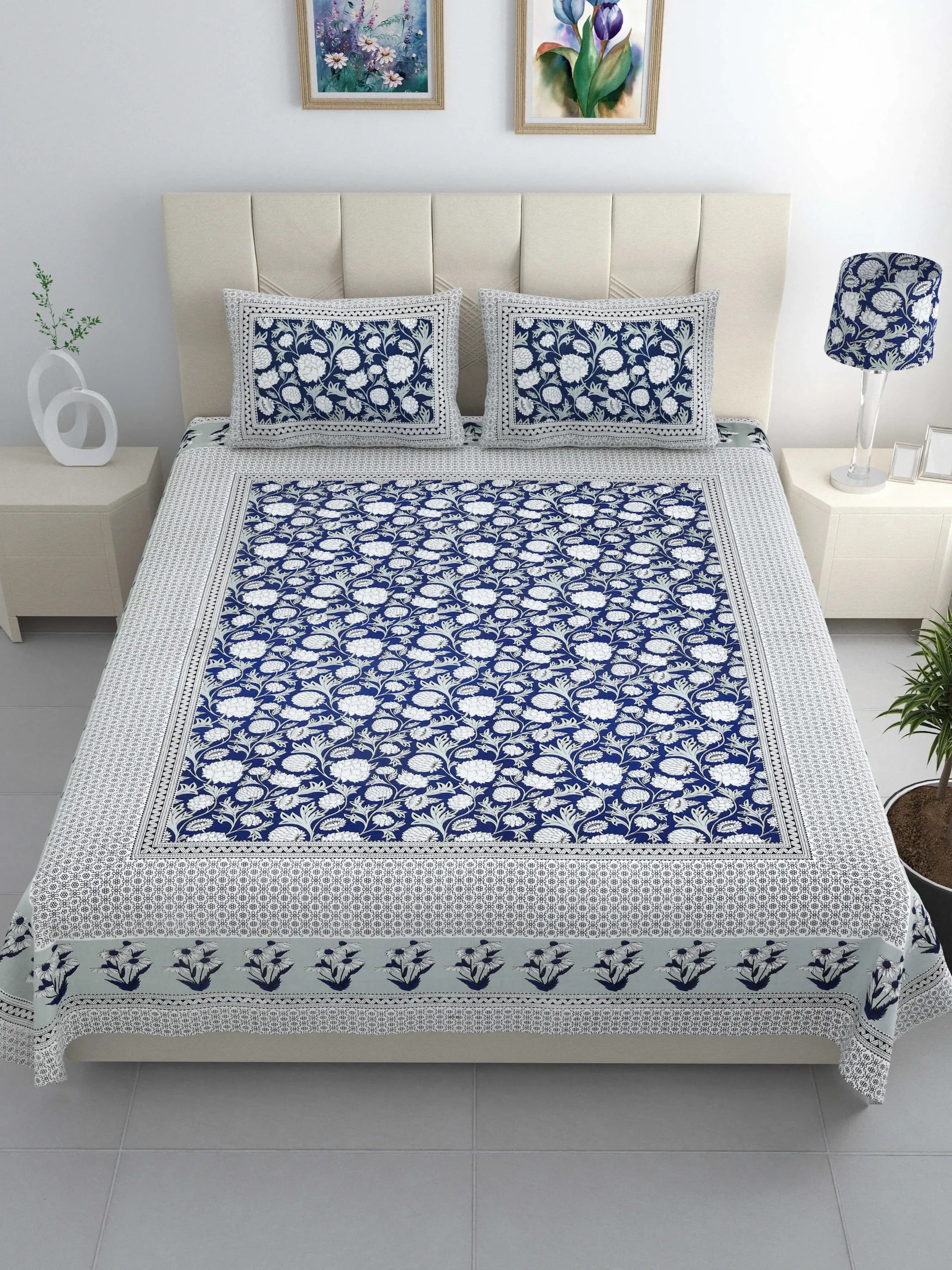 LIVING ROOTS Jaipuri Hand Block Print Double King Cotton 86*104 Inches (7.1*8.6 Feet) With 2 Pillow Cover | 220 TC | Rich Fast Colour With No Colour Bleeding (480-B) (Blue)