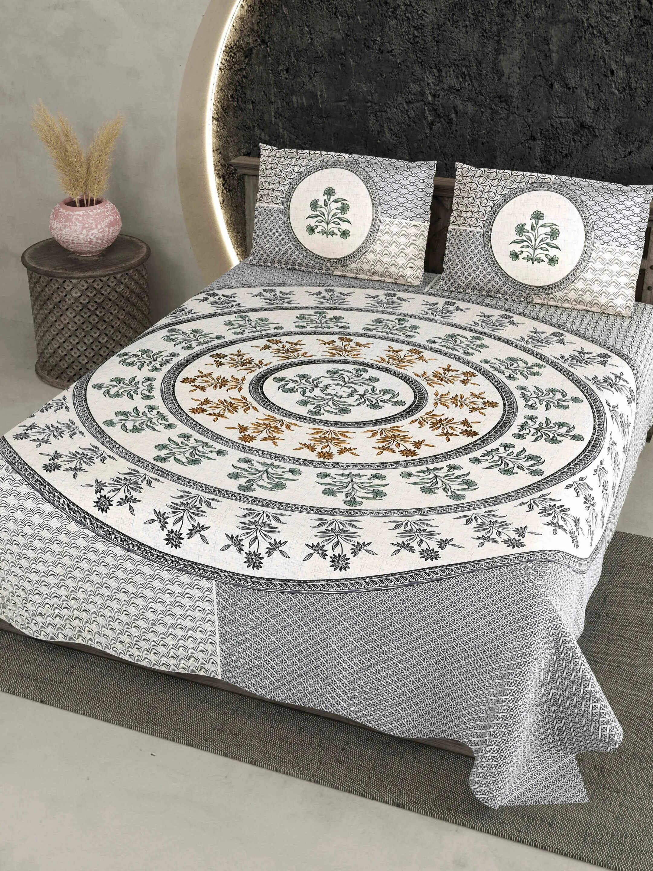LIVING ROOTS Jaipuri Hand Block Print Double King Cotton Bedsheet 86*104 Inches (7.1*8.6 Feet) With 2 Pillow Cover | 220 TC | Rich Fast Colour With No Colour Bleeding (484-B) (Grey)