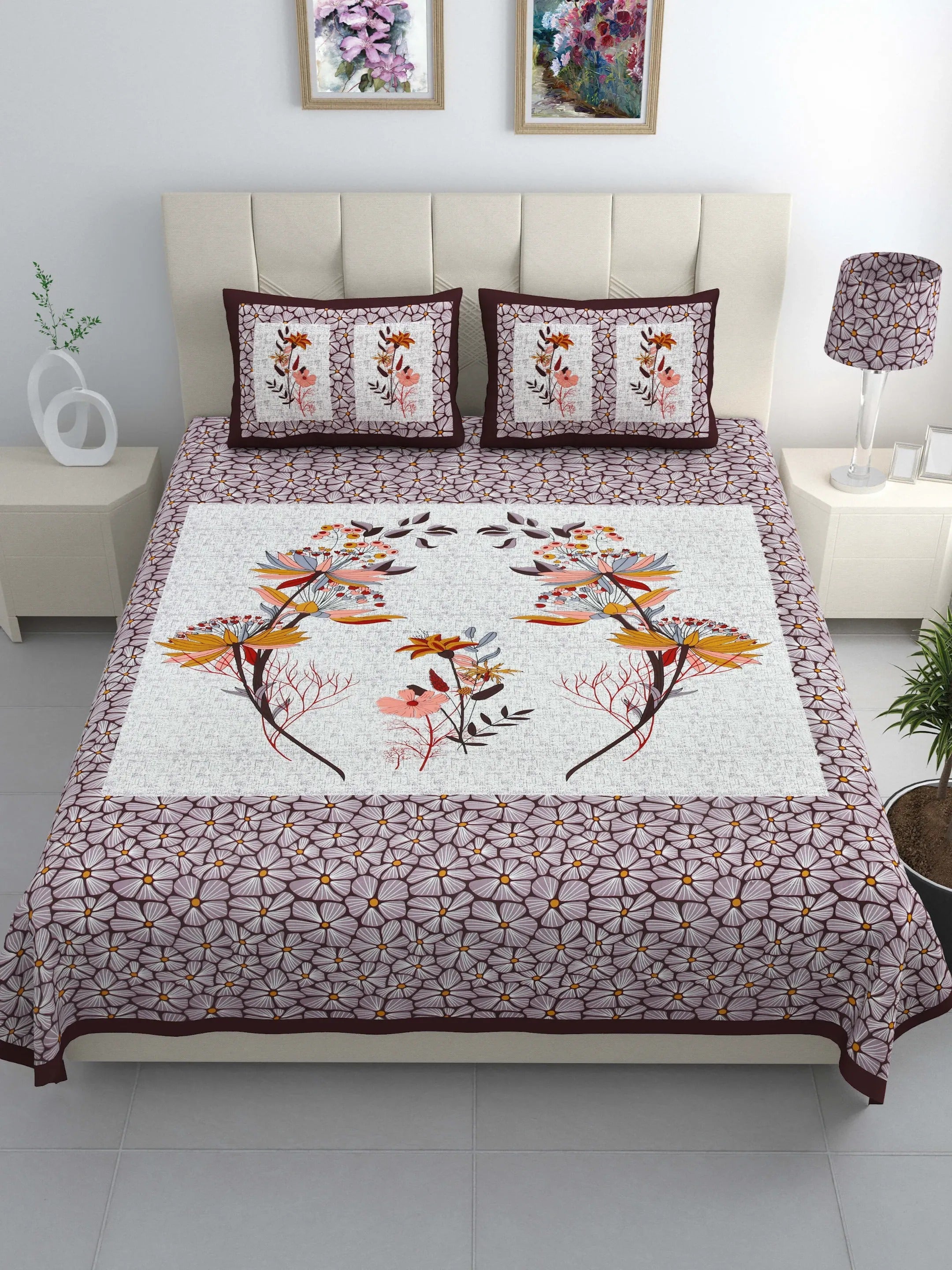 LIVING ROOTS Jaipuri Hand Block Print Double King Cotton Bedsheet 86*104 Inches (7.1*8.6 Feet) With 2 Pillow Cover | 220 TC | Rich Fast Colour With No Colour Bleeding (489-B) (Lavendar)