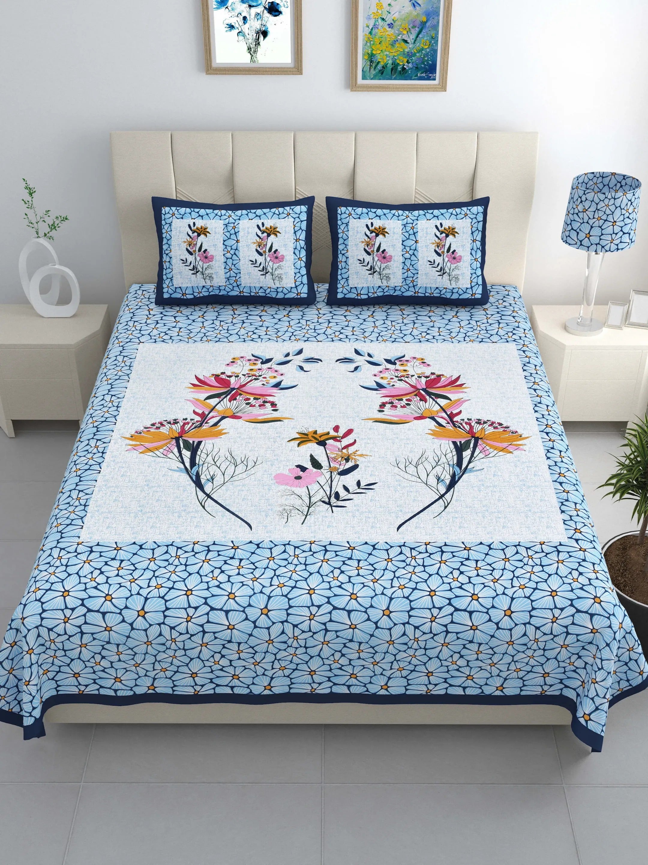 LIVING ROOTS Jaipuri Hand Block Print Double King Cotton Bedsheet 86*104 Inches (7.1*8.6 Feet) With 2 Pillow Cover | 220 TC | Rich Fast Colour With No Colour Bleeding (489-C) (Sky Blue)