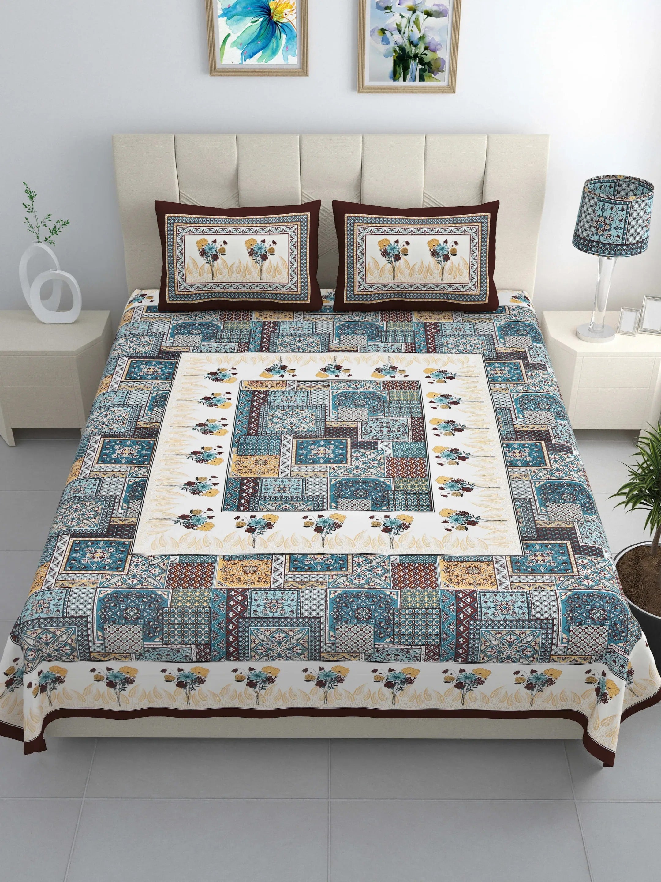 LIVING ROOTS Jaipuri Hand Block Print Double King Cotton Bedsheet 86*104 Inches (7.1*8.6 Feet) With 2 Pillow Cover | 220 TC | Rich Fast Colour With No Colour Bleeding (491-A) (Multi)