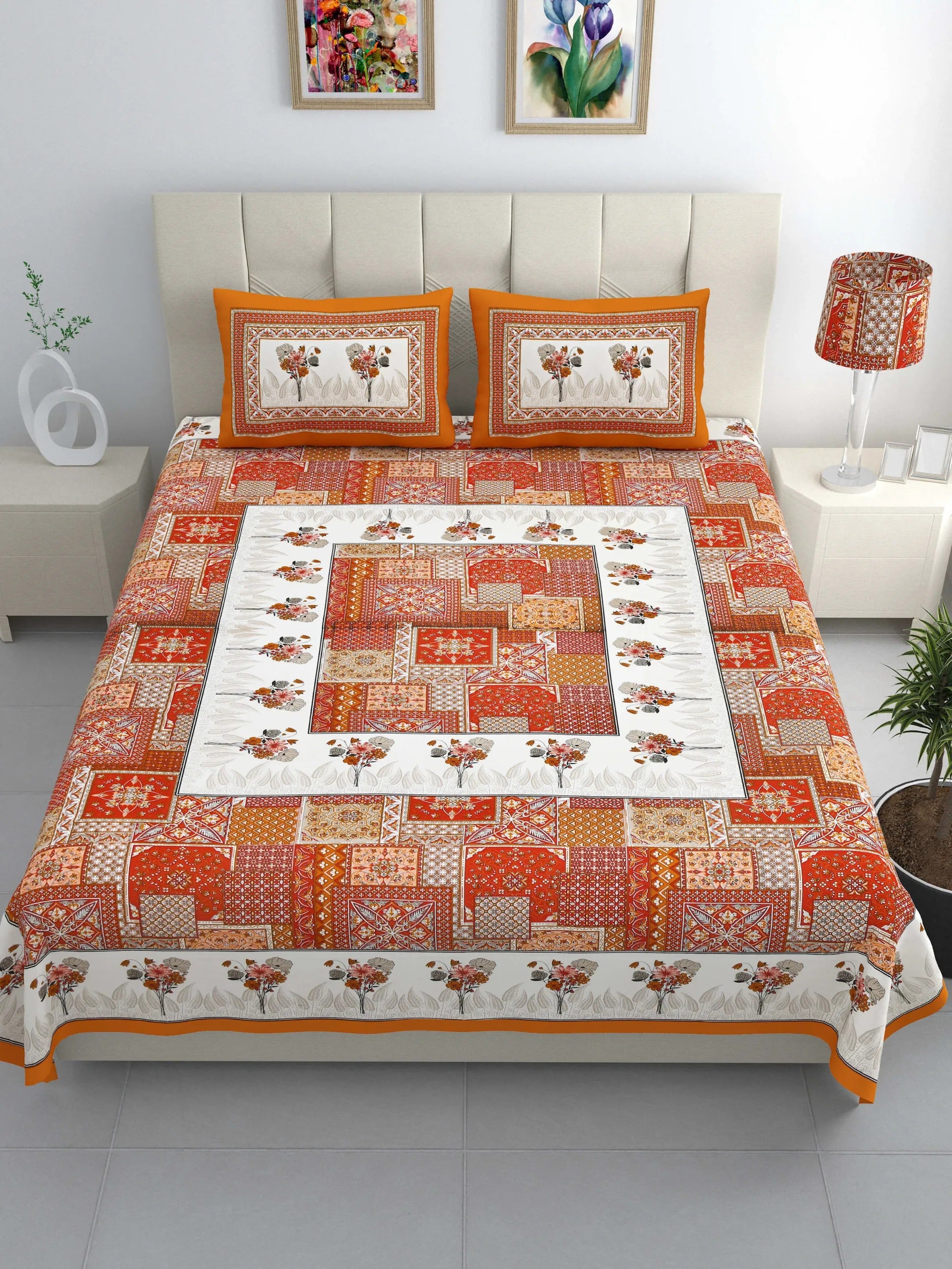 LIVING ROOTS Jaipuri Hand Block Print Double King Bedsheet Cotton Bedsheet 86*104 Inches (7.1*8.6 Feet) With 2 Pillow Cover | 220 TC | Rich Fast Colour With No Colour Bleeding (491-B) (Orange)