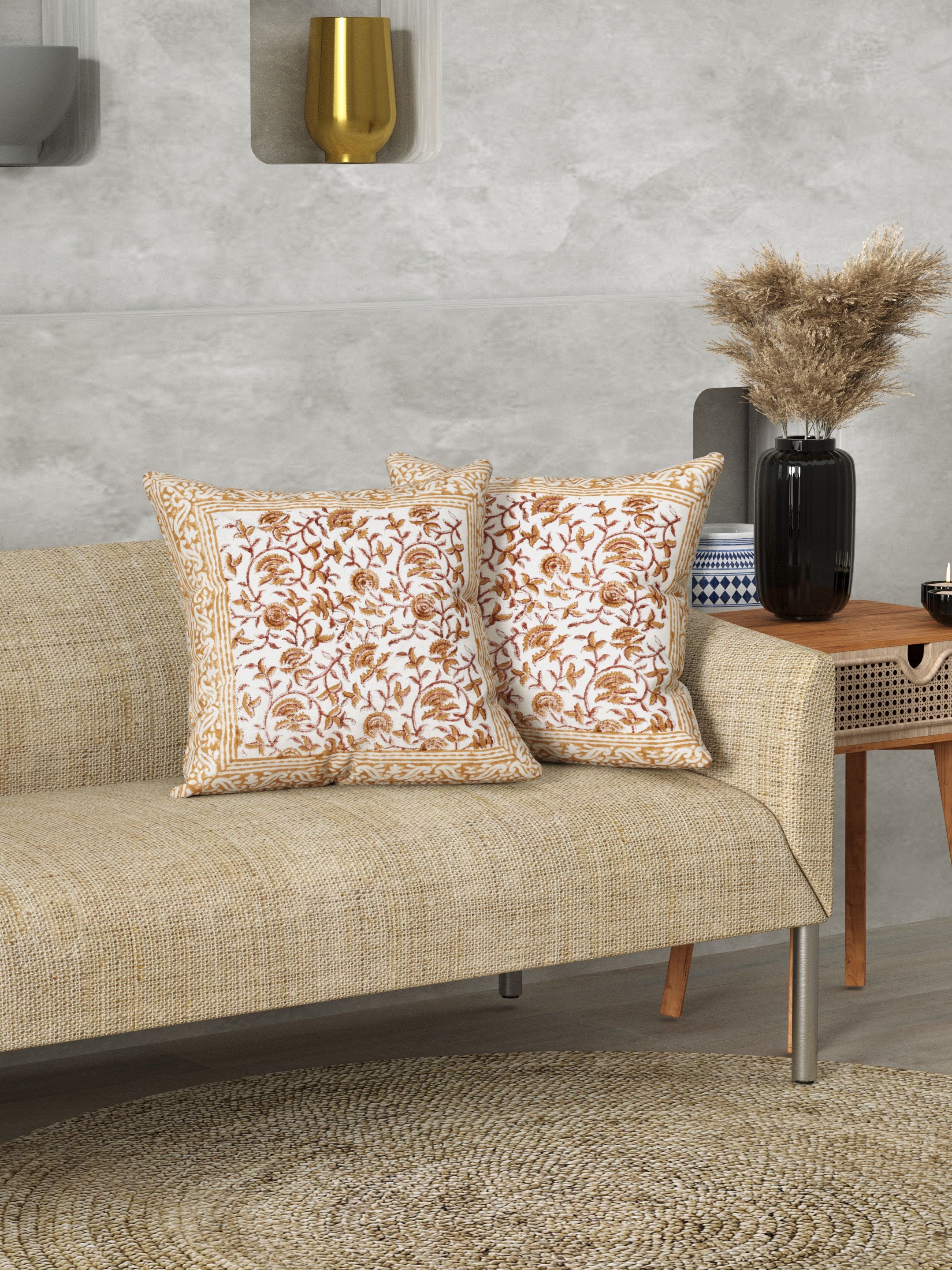 LIVING ROOTS Hand Block Printed Slub Cotton Cushion Covers – 2 Piece Set (White & Ochre Brown) | Floral Vine Design with Decorative Border | 16x16 Inches (40-031-2PC)