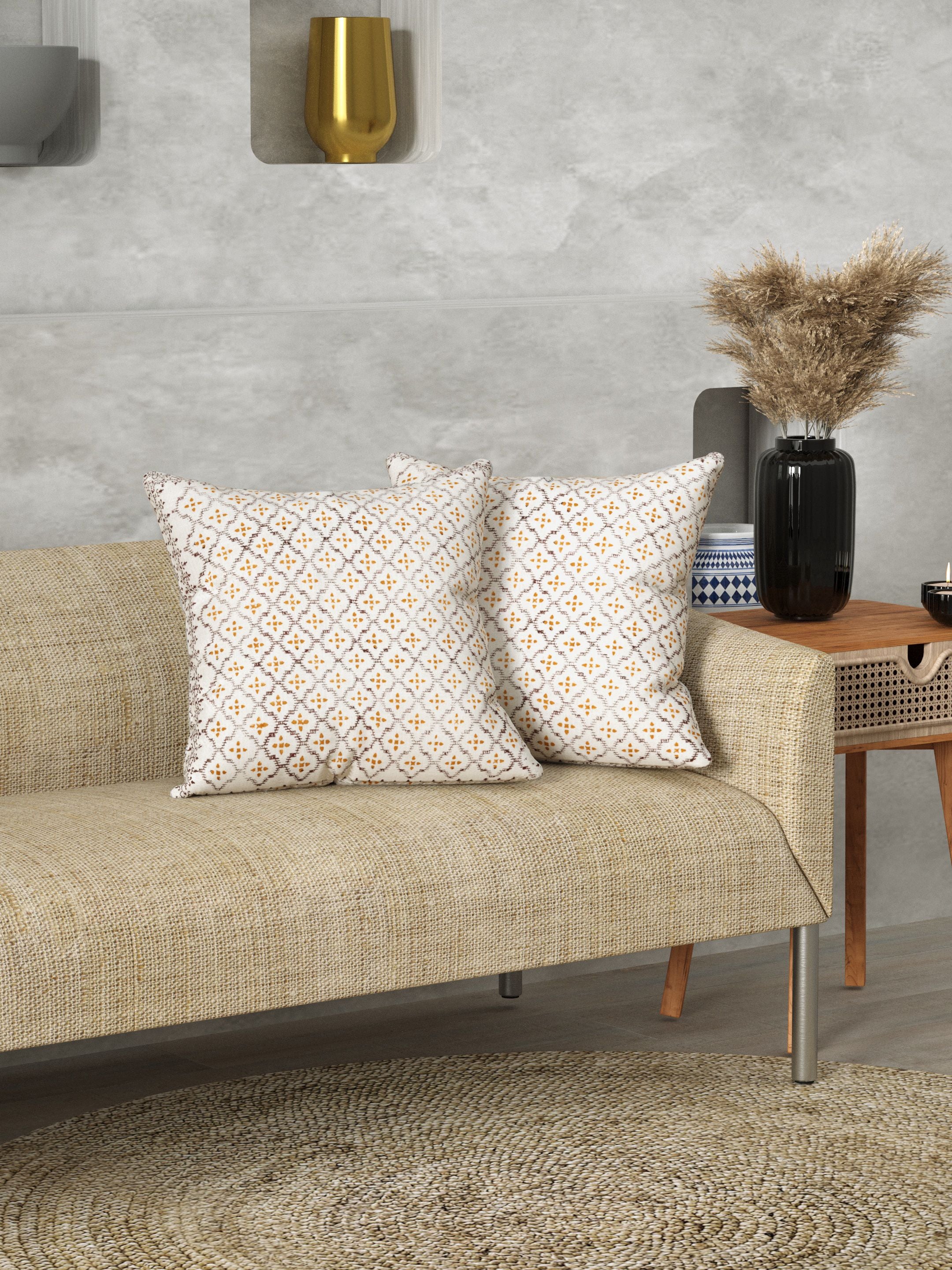 LIVING ROOTS Hand Block Printed Slub Cotton Cushion Covers - 2 Piece Set (White & Mustard) | Diamond Jaal Pattern | Traditional Artisanal Design | 16x16 Inches (40-032-2PC)