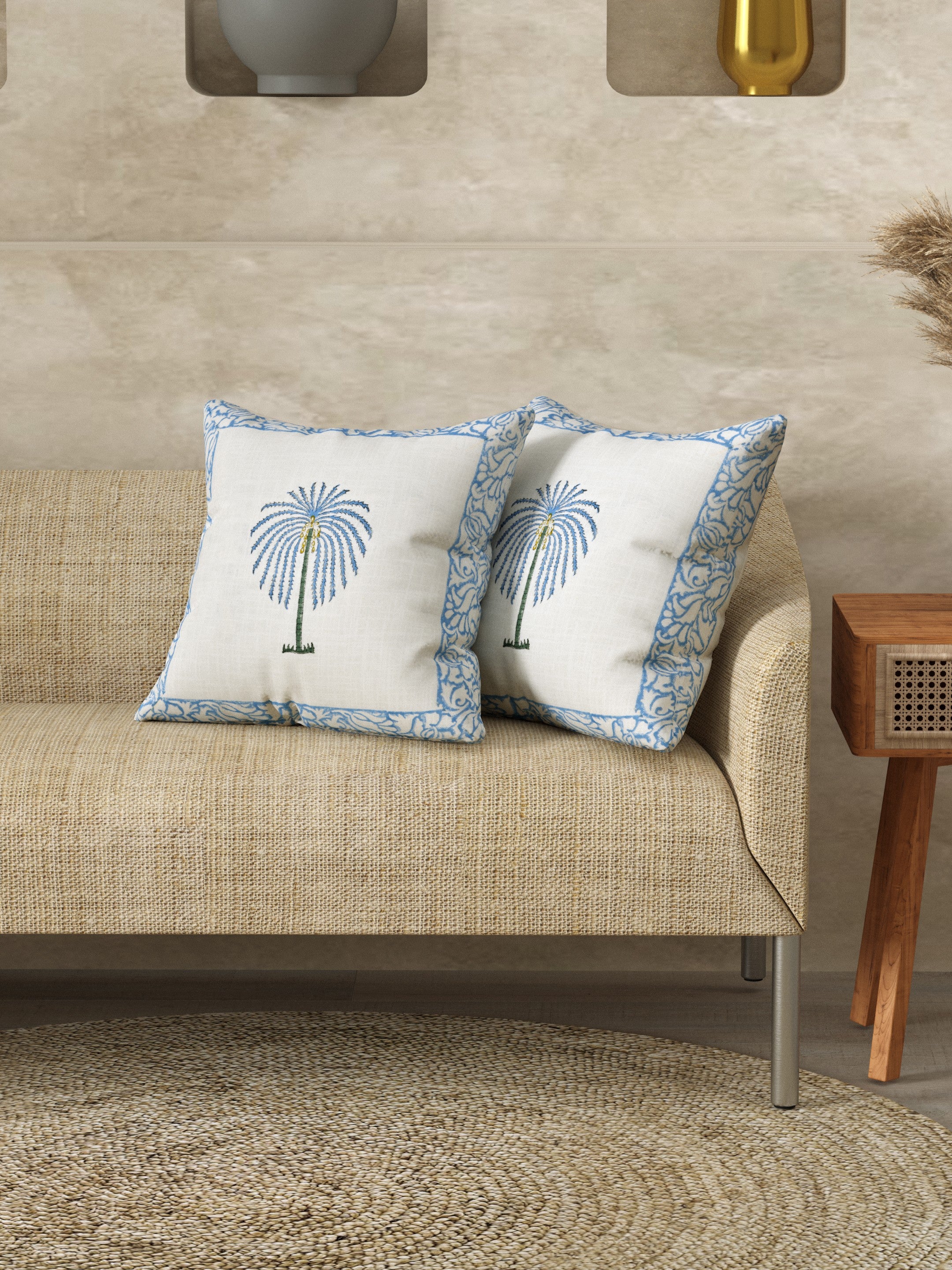 LIVING ROOTS Slub Cotton Block Printed Cushion Covers - 2 Piece Set (White & Blue) | Handcrafted Palm Tree Design | Decorative Sofa & Living Room Cushion Covers | 16x16 Inches (40-039-2PC)